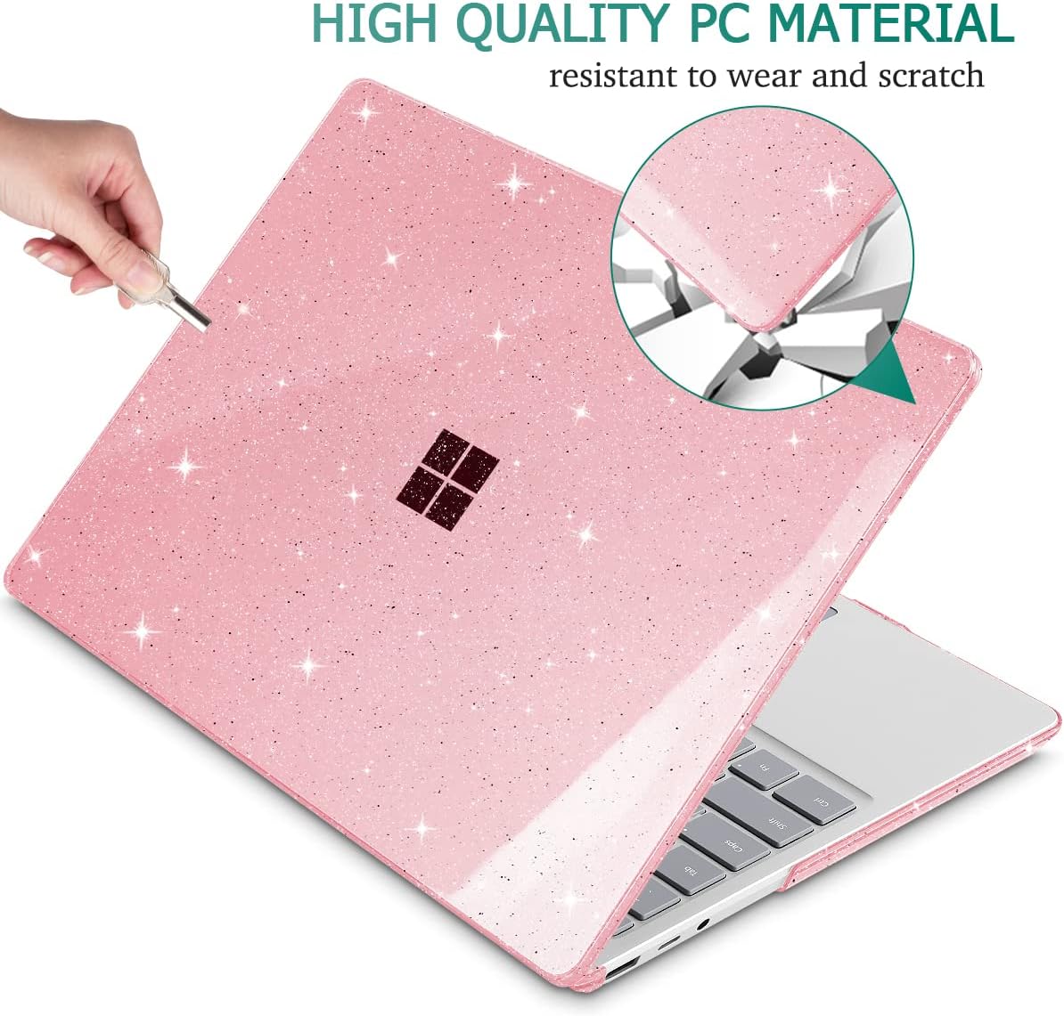 May Chen Plastic Hard Shell Case with Screen Protector & Keyboard Cover & Dust Plug for Microsoft Surface Laptop Go 3/2/1 12.4 Inch (2023/2022/2020 Release) - Pink Glitter