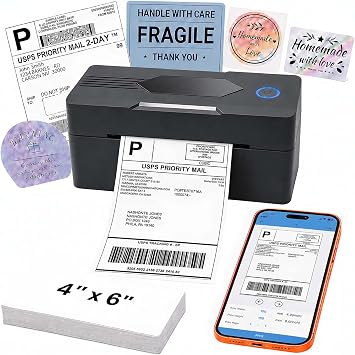 Bluetooth Thermal Shipping Label Printer, 4x6, Black