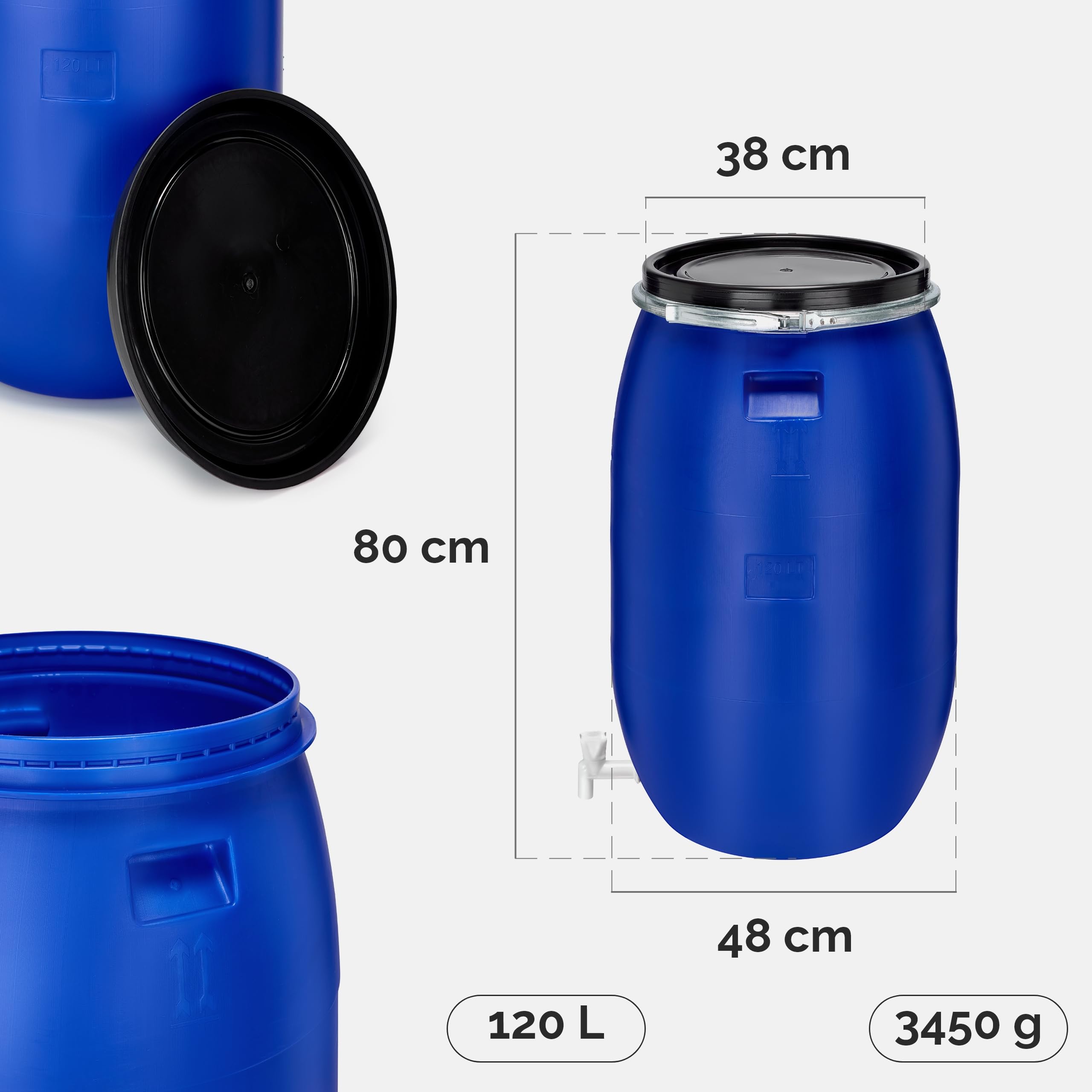 Garronda Beczka Szerokootworowa HDPE 120 Litrów na Wodę Deszczową z Pokrywką, Pojemnik Uniwersalny GD-0091, Niebieski