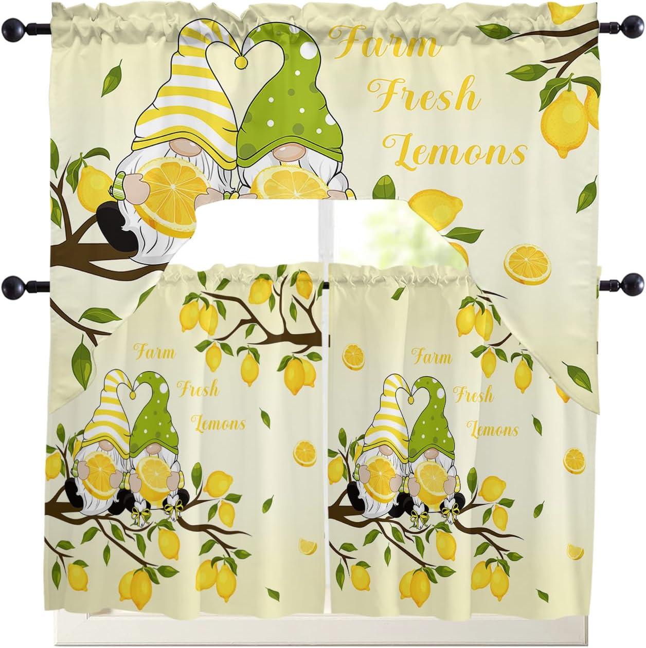 Lemon Watercolor Swag Kitchen Curtain Sets with Valance,3 Pieces Rod Pocket Curtain Drapes for Bedroom Living Room Bathroom Cafe Windows,Summer Fruit Botanical Painting 56''x36'' & 36''x27.5''x2Panels