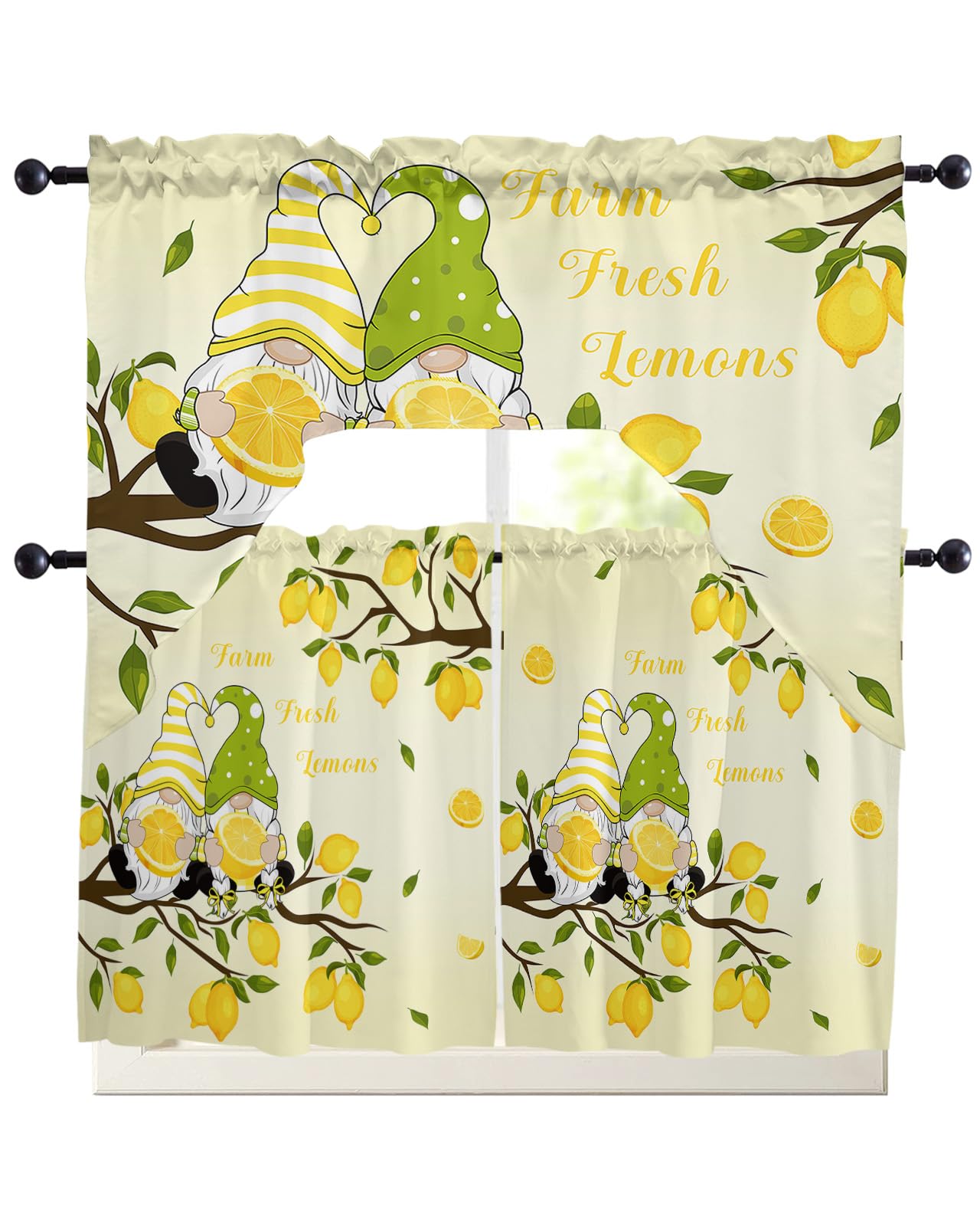 Summer Lemon Swag Kitchen Curtain Sets with Valance, 3 Pieces Rod Pocket Curtain Drapes for Bedroom Living Room Bathroom Cafe Windows, Cute Gnomes Fruit Country French 56''x36'' & 36''x27.5''x2Panels