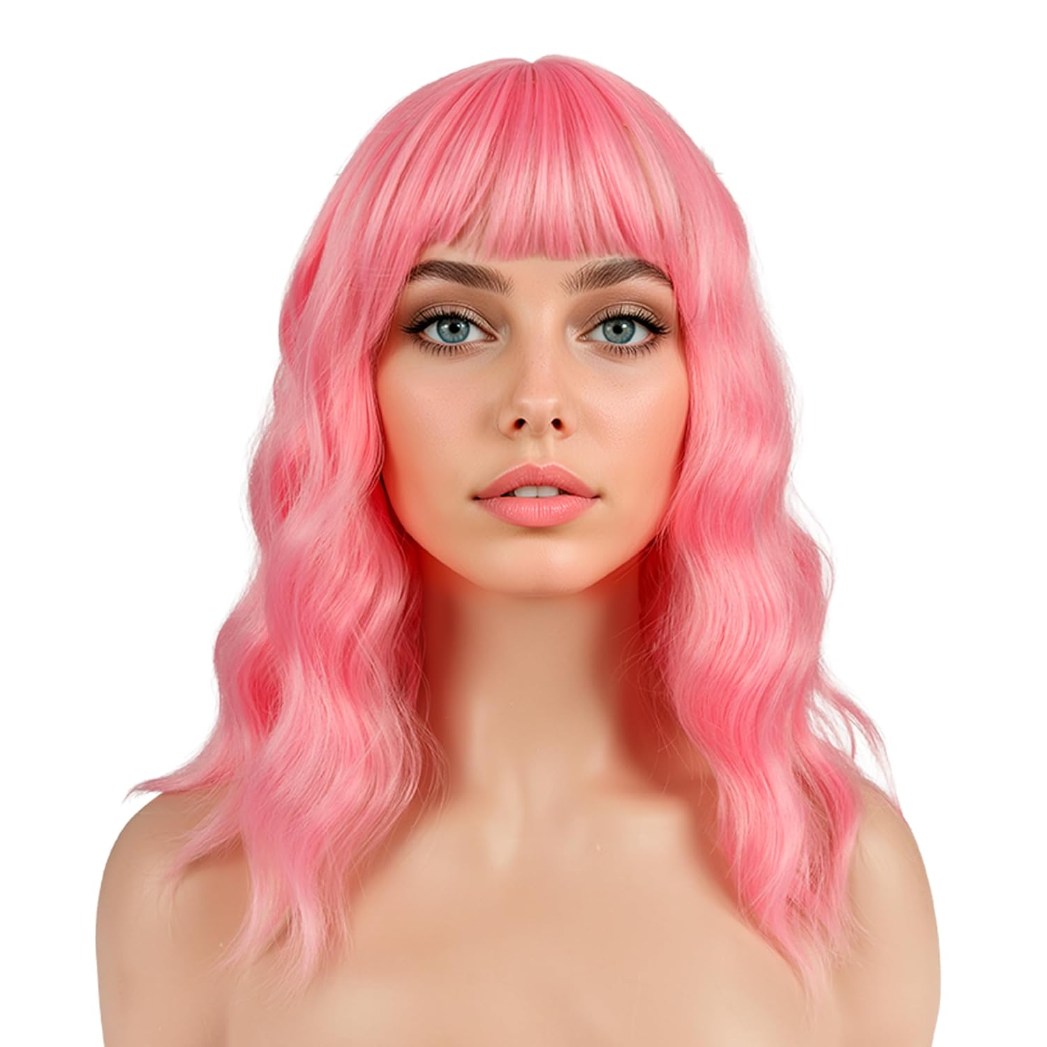 Light Pink Wig with Bangs for Women Loose Wavy Bob Wigs Shoulder Length Colorful Red Hair Heat Resistant Synthetic Wigs for Daily Cosplay Party Use (Light Pink)