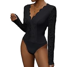 Everbellus Women Sexy Floral Long Sleeve Lace Bodysuit Deep v Neck Blouse