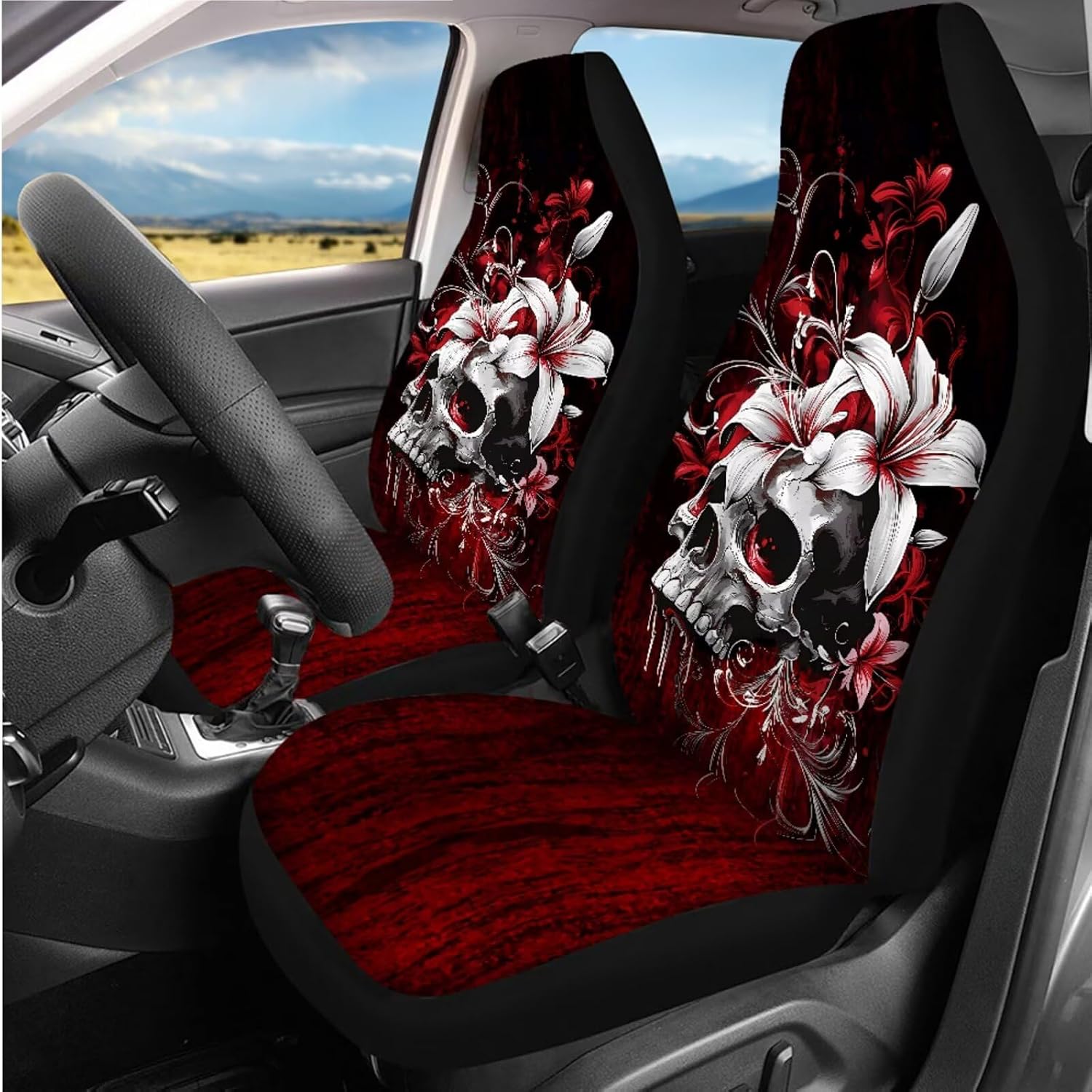 14 Pcs Gothic Skull Car Seat Covers with Steering Wheel Cover, Seat Belt Covers Cup Holder, White Floral Seats Protectors, Blood Auto Accessories for Cars Interior Universal Fit Most Cars