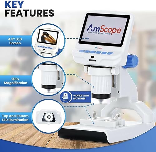 Miniatura 3 de AmScope - Microscopio digital de color LCD portátil de 1080P HD premium de 4.3 pulgadas con iluminación dual LED - DM140