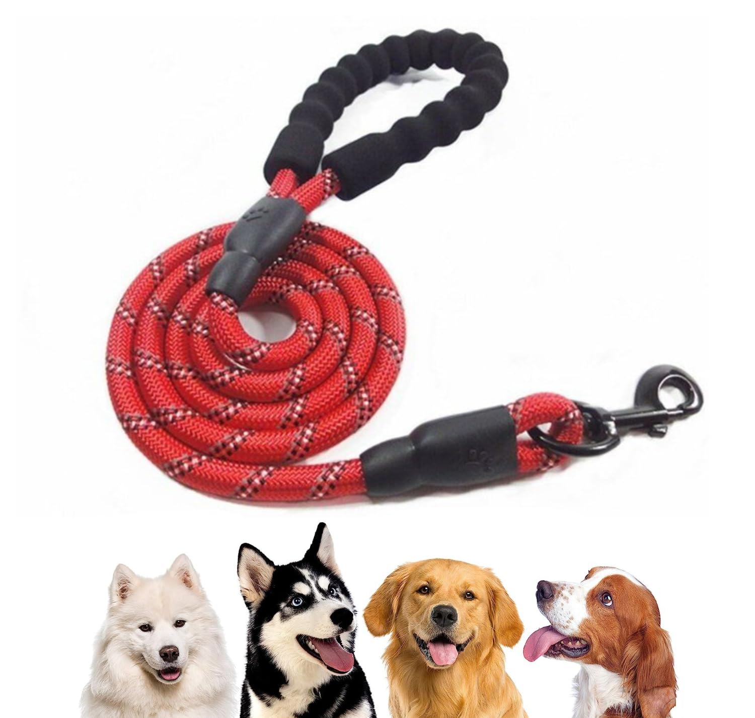 DistriPet Correa Perro, Correa Perro Grande, Fuerte 1,5mts con Mango Acolchado y Suave y Nylon Sólido. con Hilos Reflectantes es Ideal para Perros Pequeños, Medianos y Grandes. Cuerda 5ft.