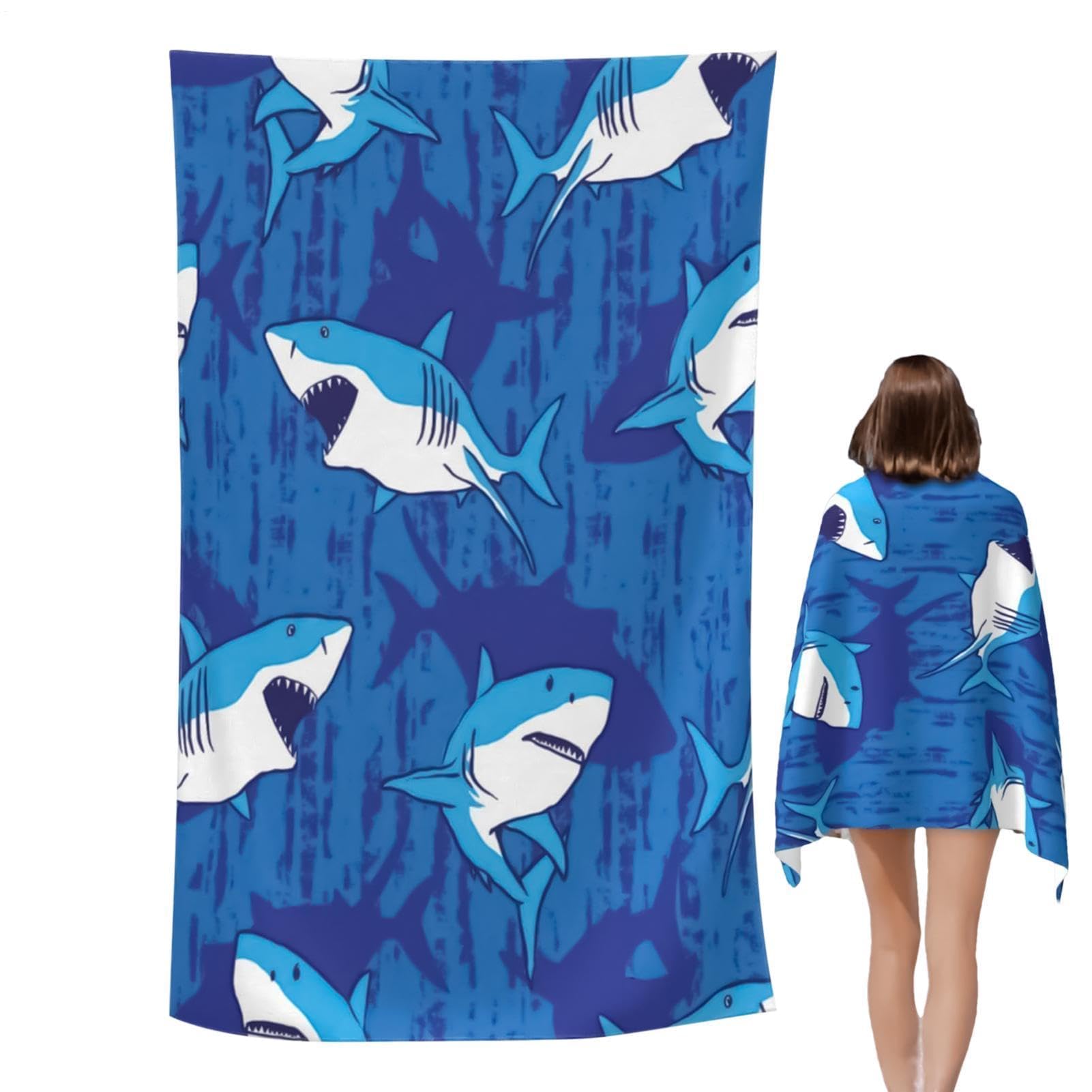 Toalla de playa de microfibra, grande, ligera, con patrón de tiburón, de secado rápido, para natación, gimnasio, viajes, piscina, yoga, deportes, baño, crucero, vacaciones, arena, mochila