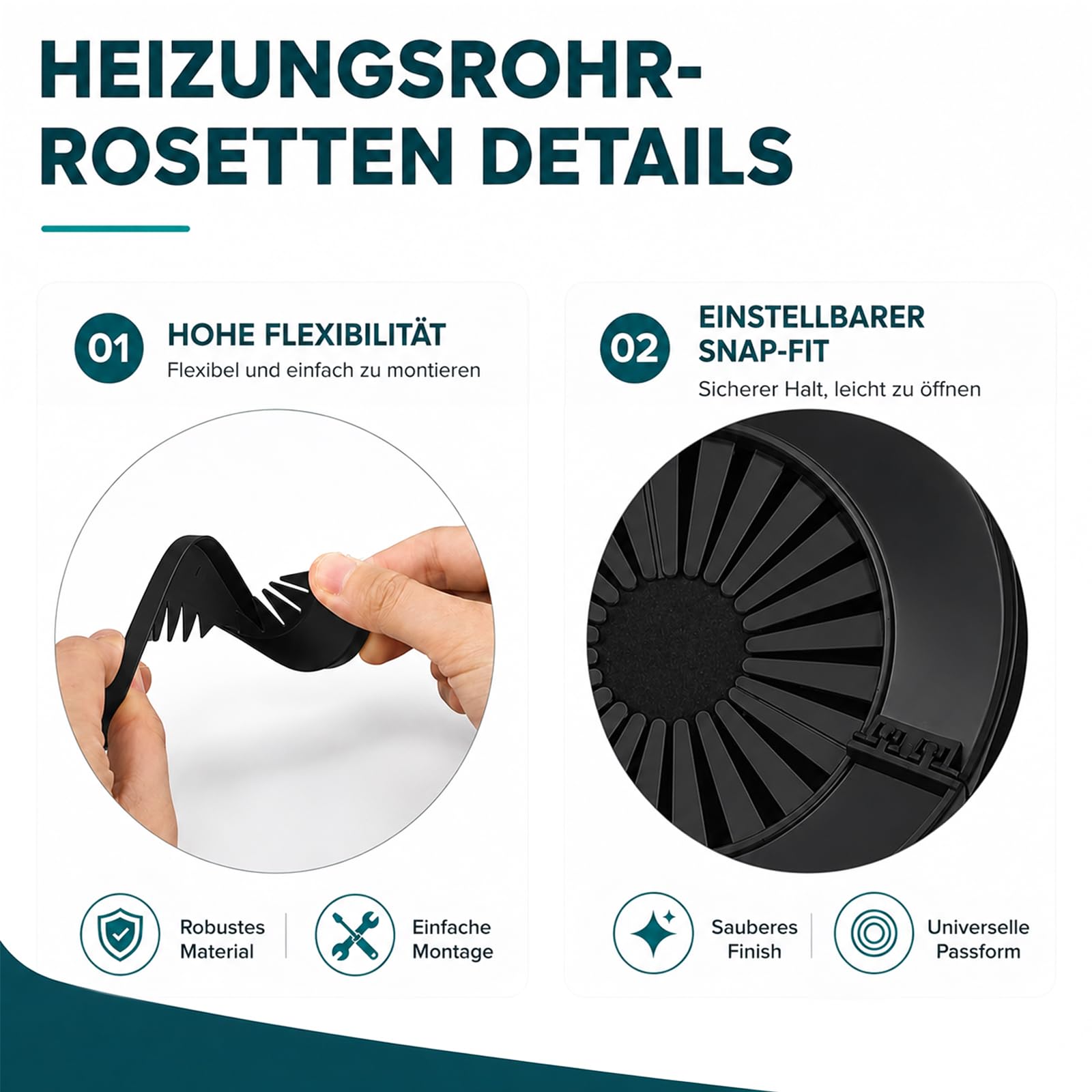 Heizungsrohr Rosetten 6er Set, Flexible Rohrabdeckung zum Aufklipsen, Rohrmanschette für Heizkörperrohr Wasserrohr Wand und Boden, Universal 30-55 mm, Schwarz