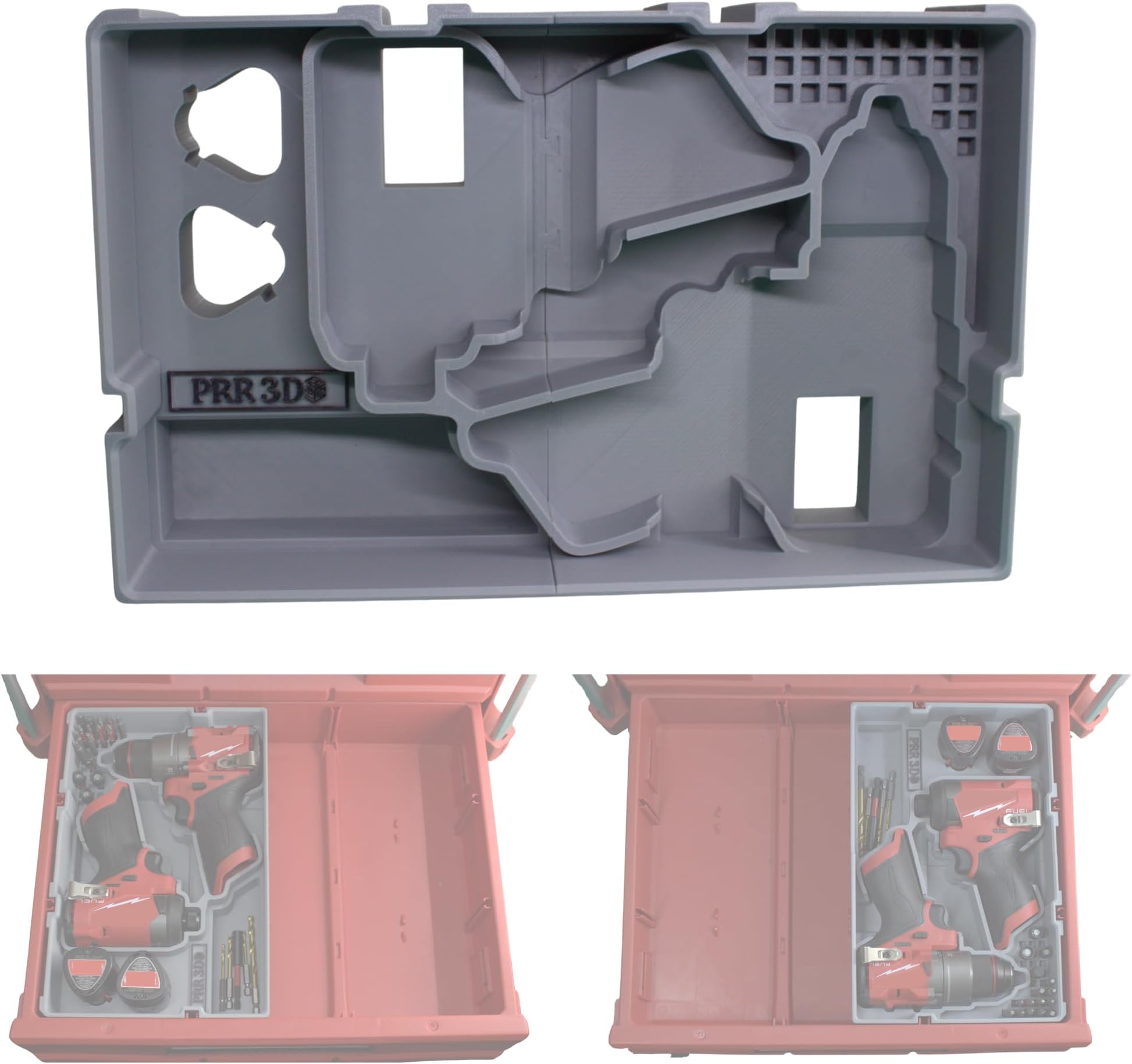 Custom ABS Plastic Insert for Milwaukee M12 Drill & Driver, One Insert Fits 2 CP Batteries, 1 Impact Driver & 1 Drill in a half drawer of a Milwaukee Packout 48-22-8442 & 48-22-8443 (Grey)