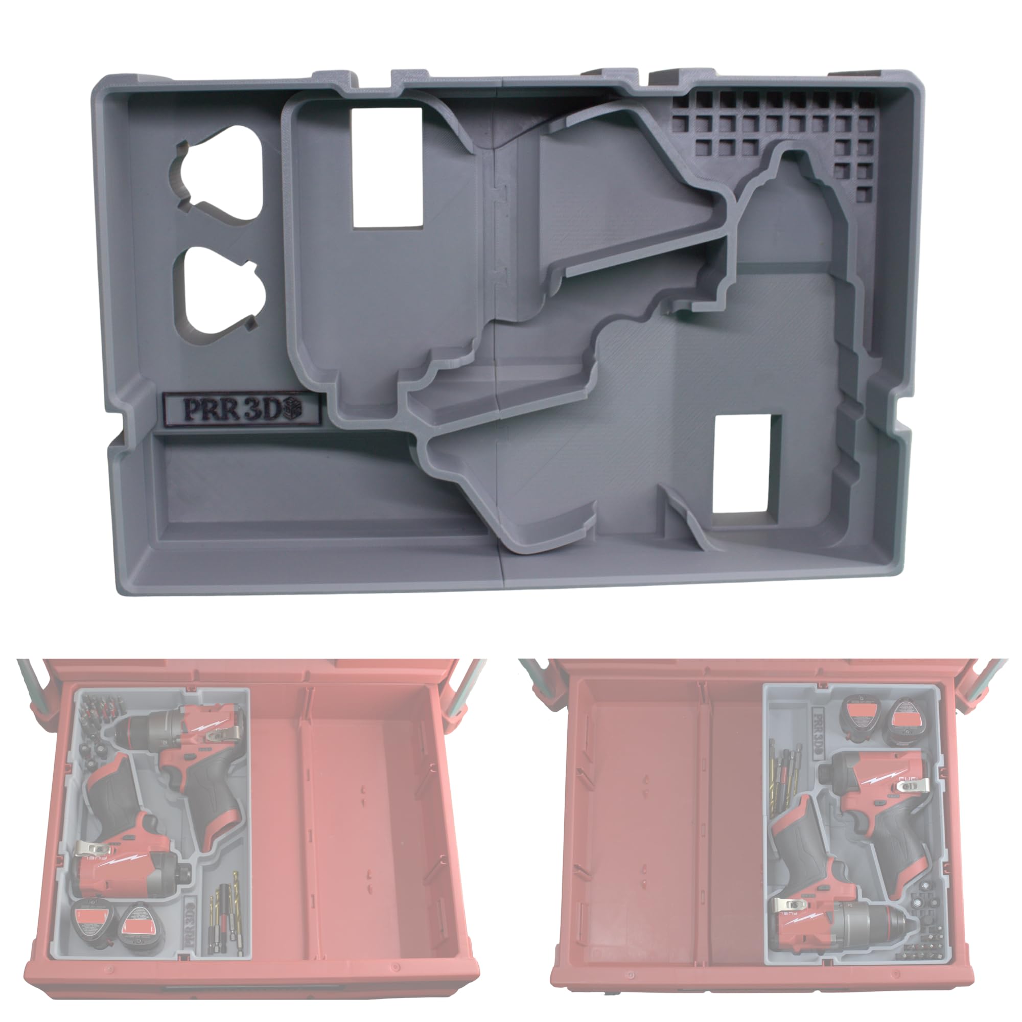 Custom ABS Plastic Insert for Milwaukee M12 Drill & Driver, One Insert Fits 2 CP Batteries, 1 Impact Driver & 1 Drill in a half drawer of a Milwaukee Packout 48-22-8442 & 48-22-8443 (Grey)