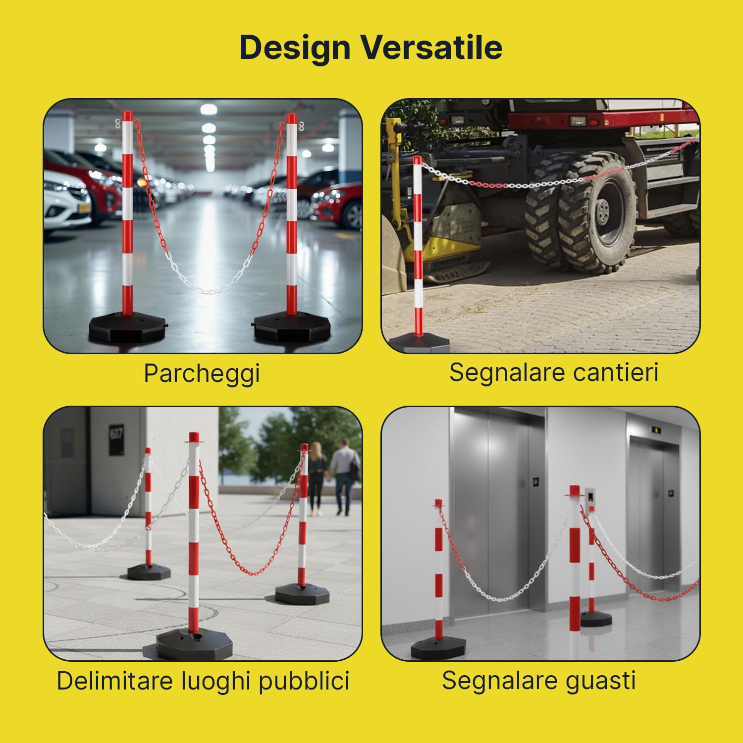 Paletti Delimitazione Set 4 con Catena 2 Metri e Base Zavorrabile 3L – Dissuasore Parcheggio PE Alta Visibilità, Paletti Parcheggio Privato, Paletti per Recinzione Interno Esterno