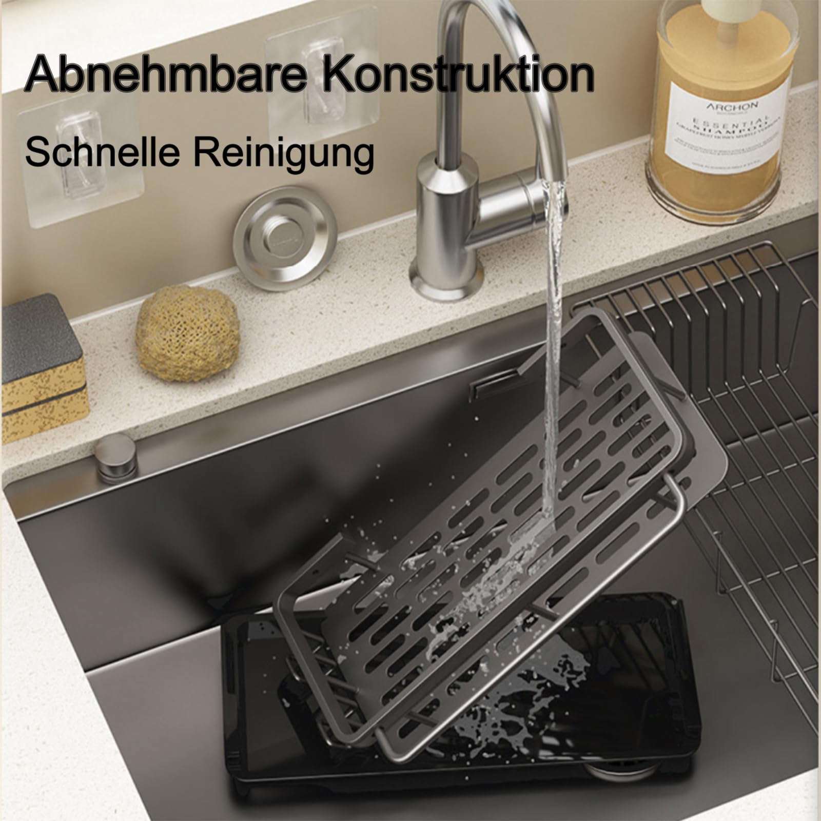 Küche Spülbecken Organizer Schwammhalter mit Abflusspfanne Küchen Spüle Organizer mit Spültuchhalter und Zwei Haken，Metalle Hängender Küchenorganizer Badezimmer - Ohne Bohren (Schwarz)
