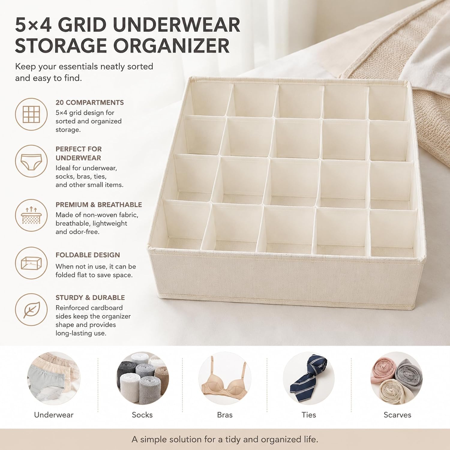 Underwear Drawer Organizer, Dual‑Use Divided Storage Bin for Socks & Bras, Breathable Linen Closet Organizer with Handle for Wardrobe Drawer (20 cells)