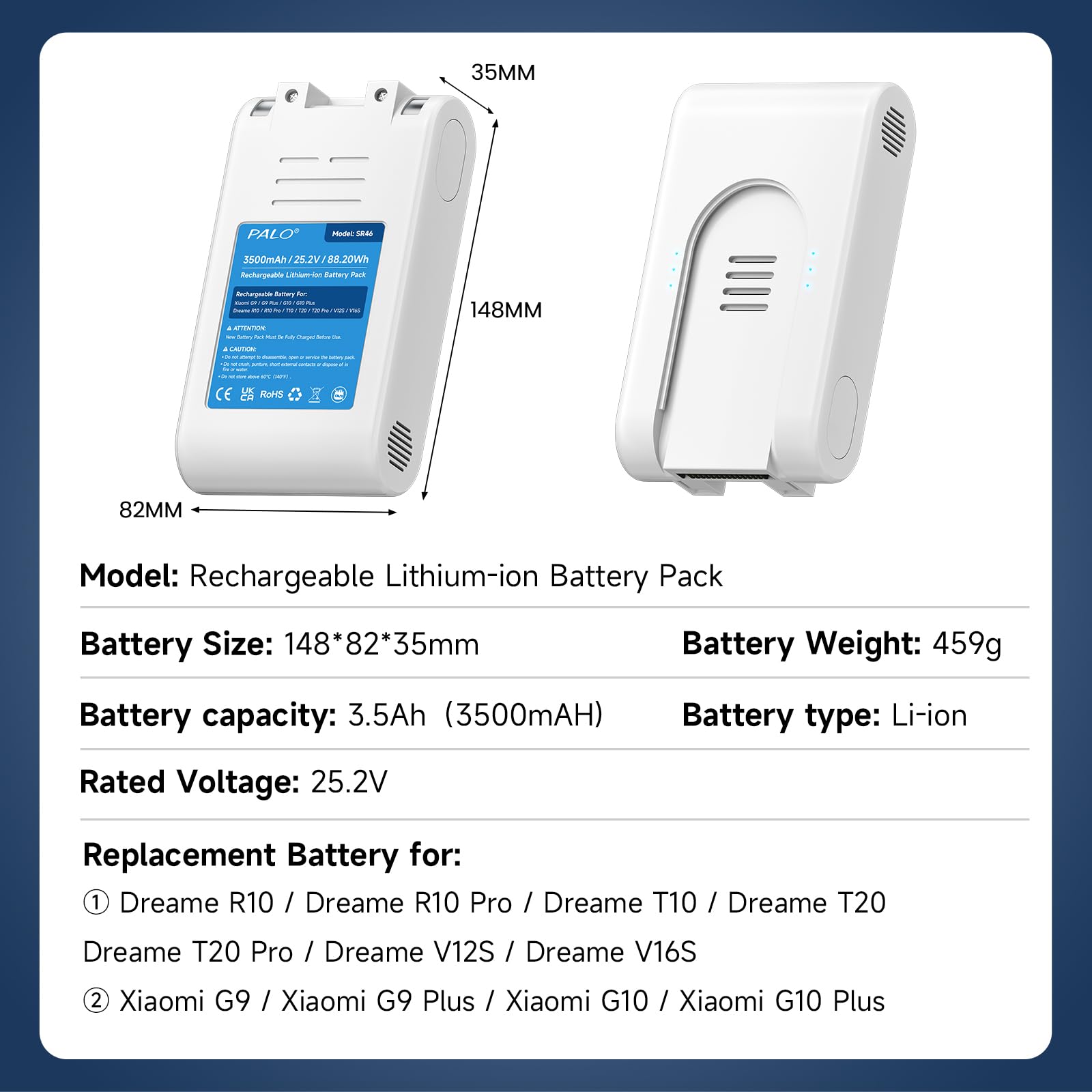 3500mAh Batteria per Xiaomi G9, G9 Plus, G10, G10 Plus, Dreame R10, R10 Pro, T10, T20, T20 Pro, V12S, V16S Aspirapolvere (25,2 V/88,2 Wh)