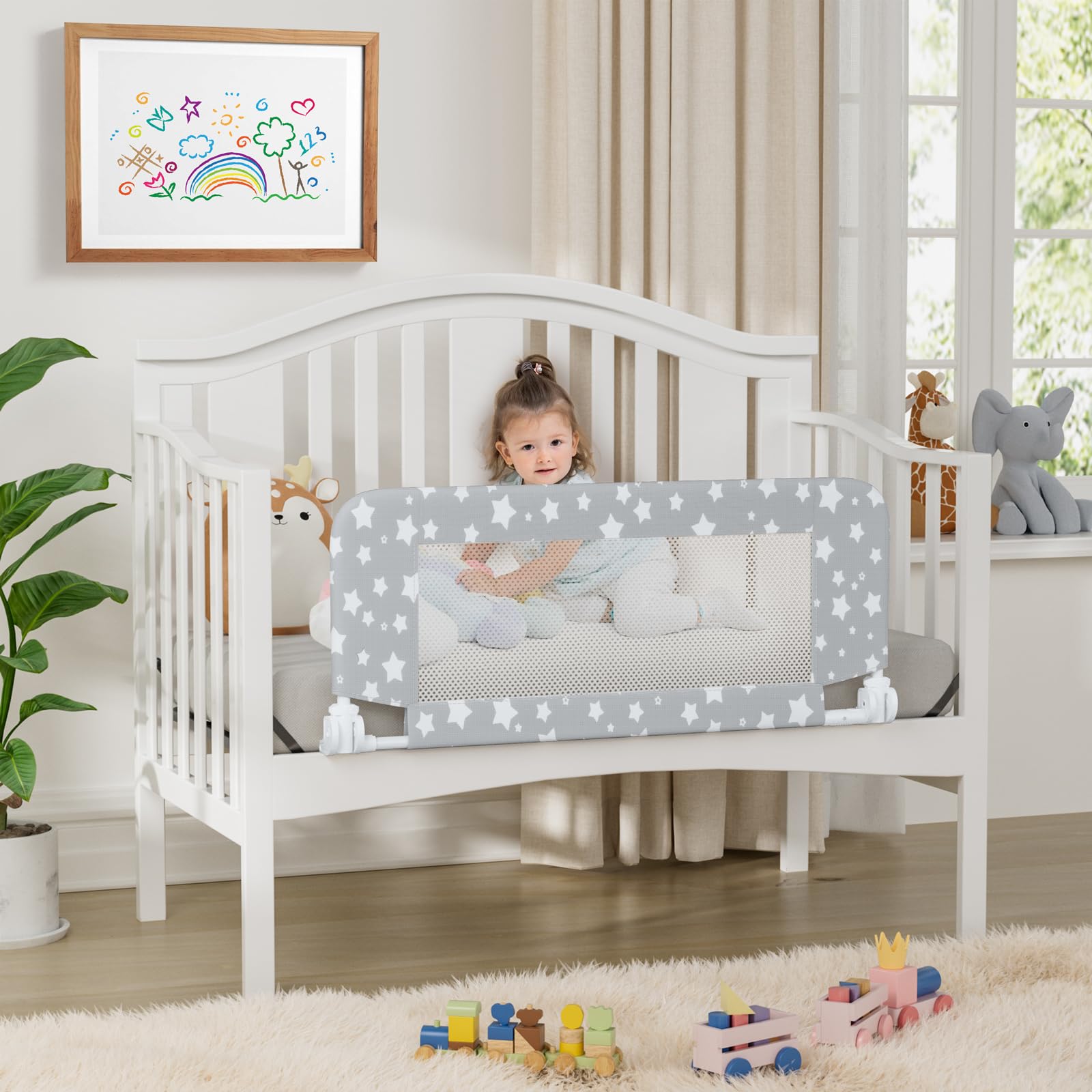 NUTIKAS Protector de riel de cuna para niños pequeños, barandillas de cama de 35.4 pulgadas, protector lateral de seguridad convertible, malla transpirable, barreras de cama con anclaje reforzado