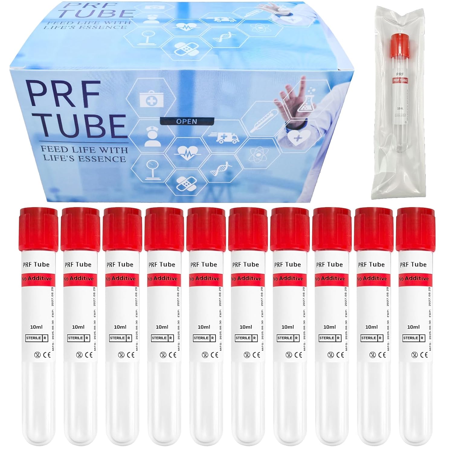 10 ml PRF Tubes-No Additive Collection Tubes for Veterinary PRF Preparation, Individually Wrapped(10P-RED)