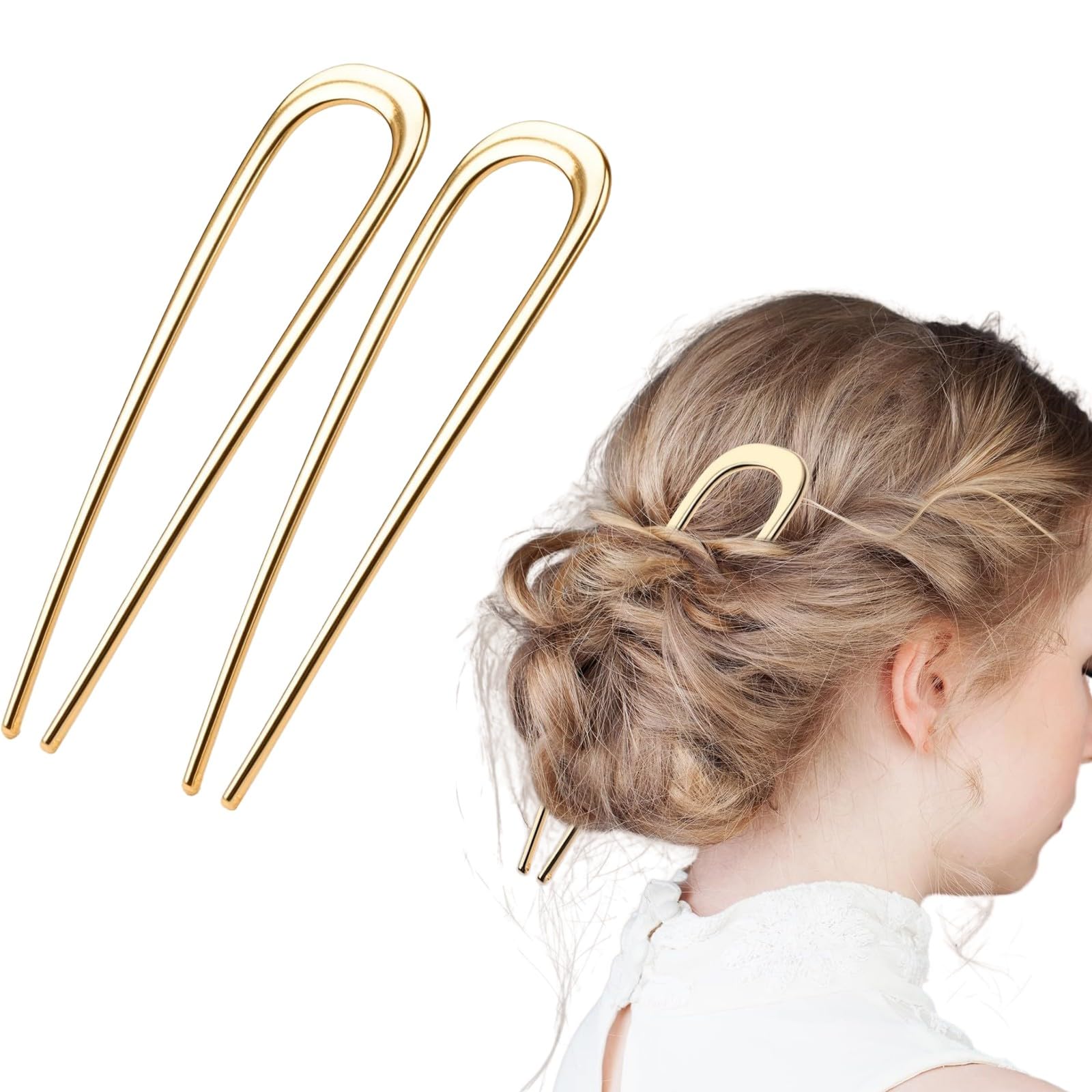 WATEFOER Pack of 2 U-Shaped Hair Pins, Metal Clip, French Hairpin, Vintage 2 Prong Updo Hairstyle, Chignon Pins