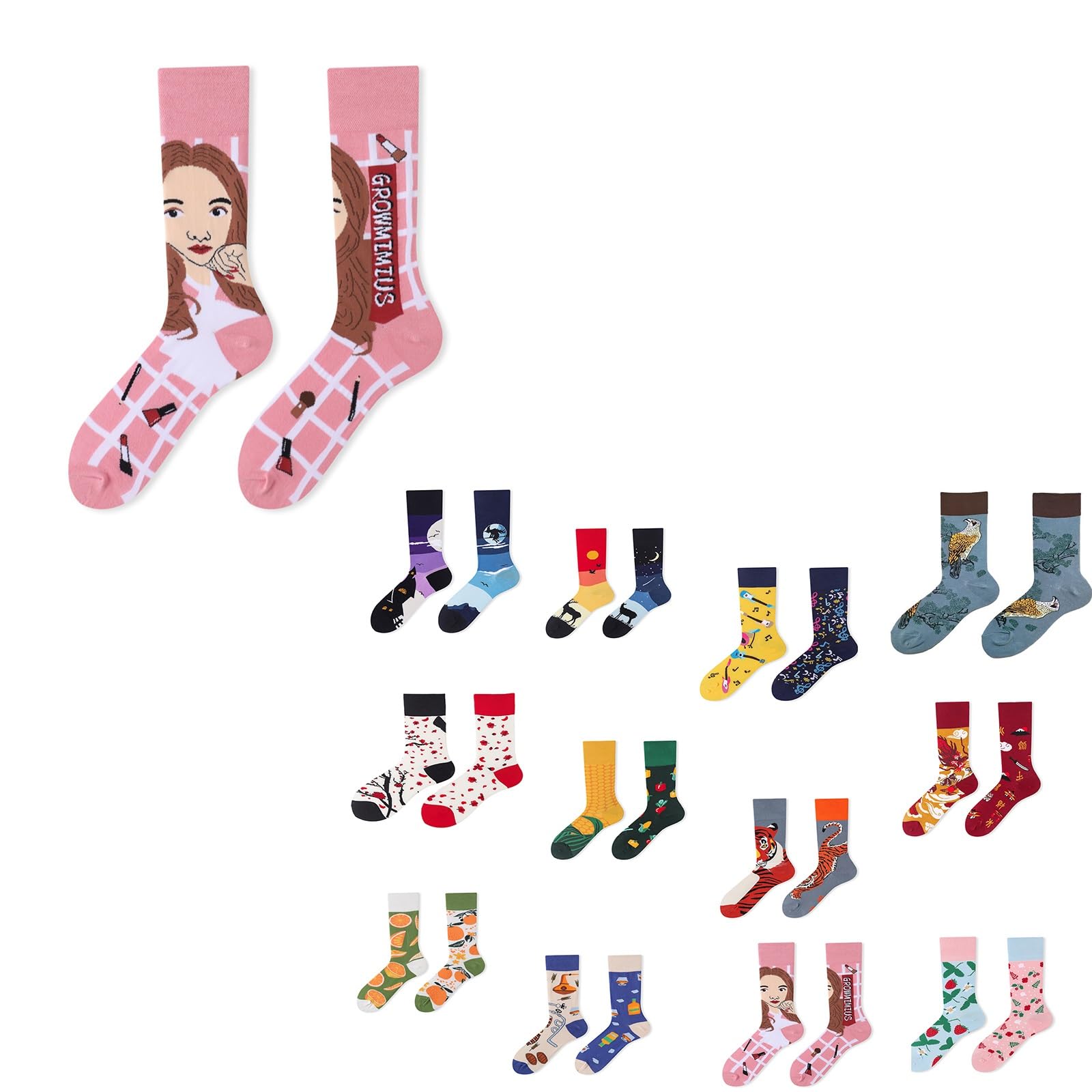 Chaussettes dépareillées fantaisie en lot de 12 paires de couleur rose pour adulte
