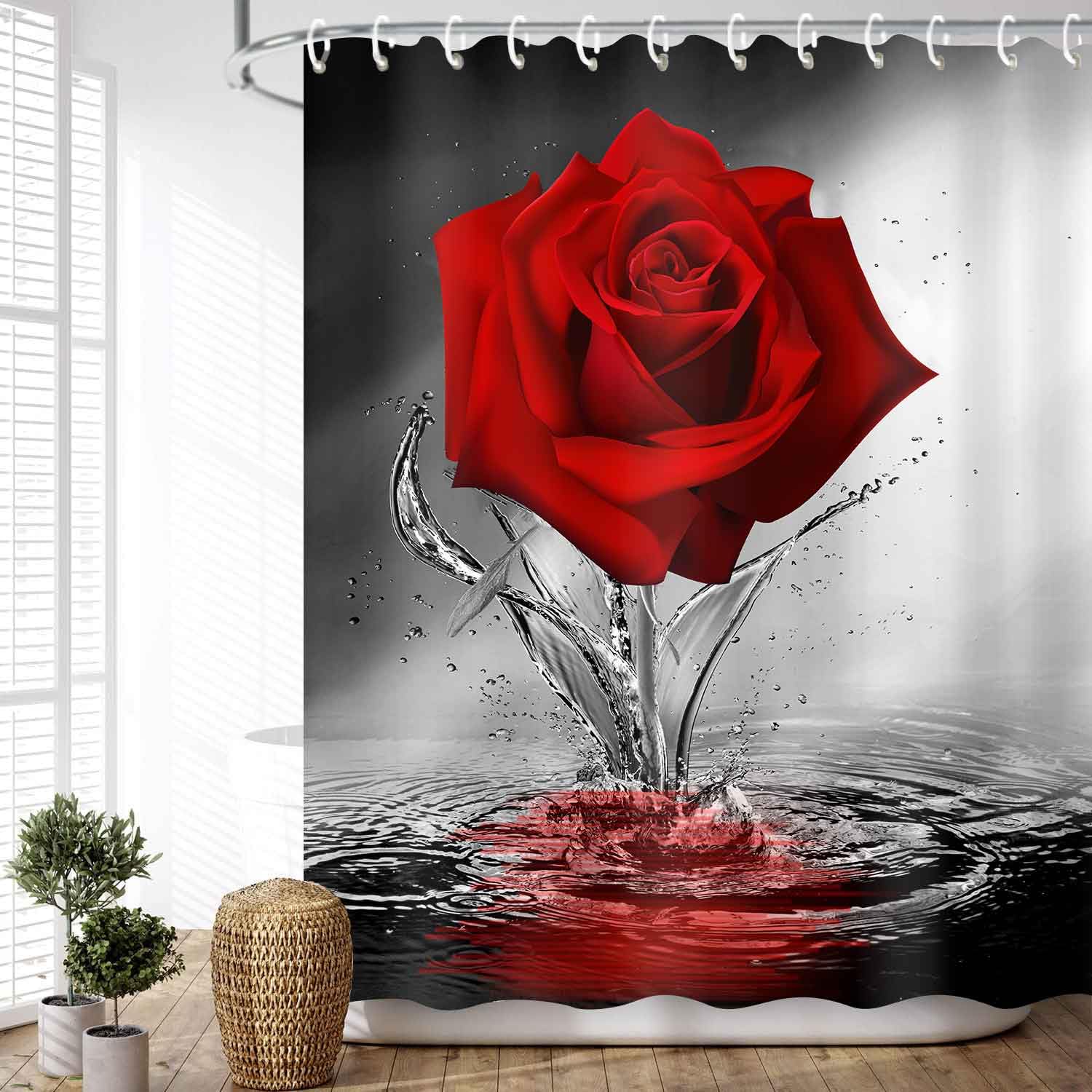 JAWO Rose Shower Curtain, Romantic Floral Blossom Red Rose Reflection on Water, Fabric Bath Curtain, Black and Red Bathroom Curtain, Machine Washable