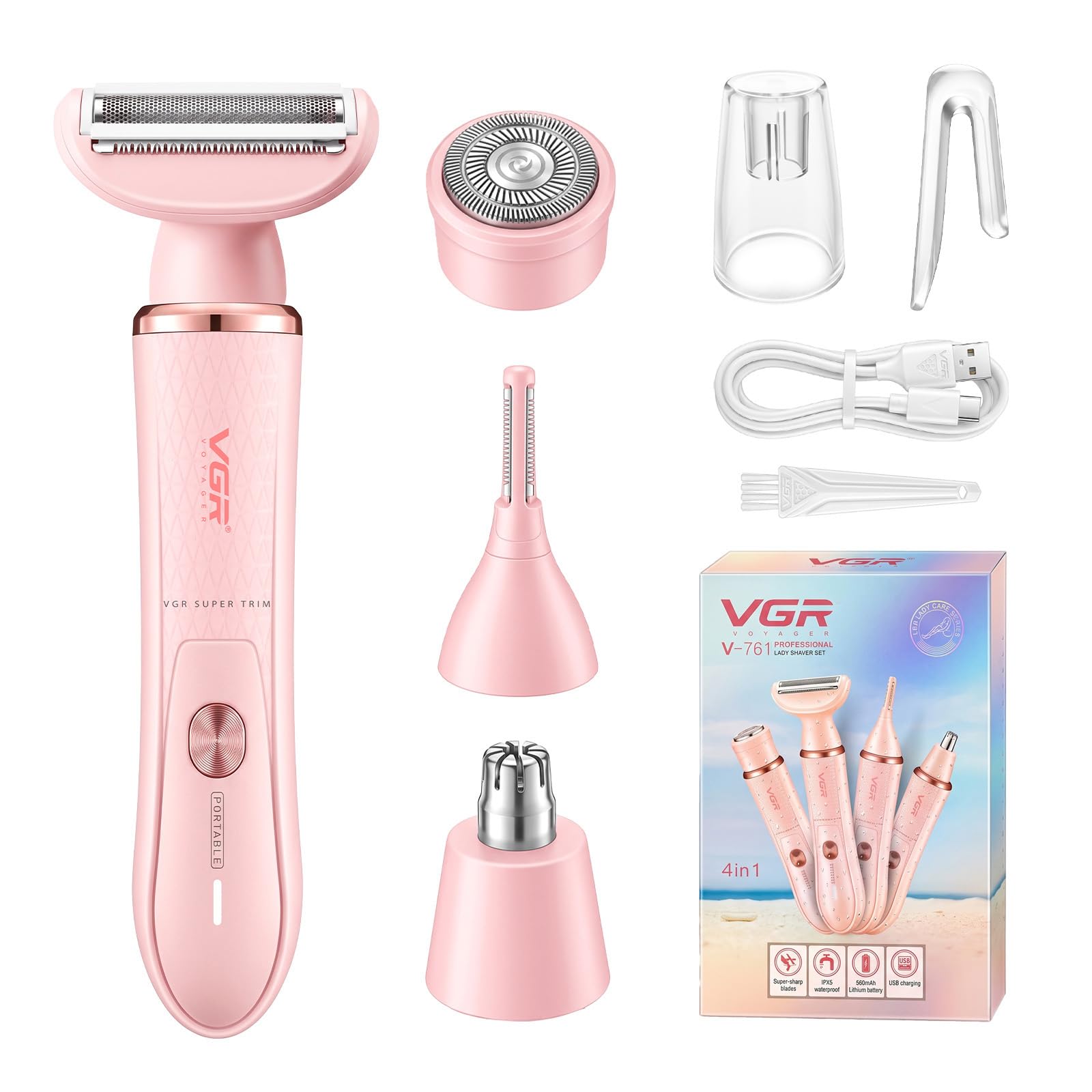 VGR 761 Epilatore Donne, 4 in 1 Rasatore Intimo Senza Fili per Donne, Rasoio Elettrico Femminile e Epilatore Viso, Rasoio Elettrico per Gambe, Viso, Corpo e Ascelle, Rosa