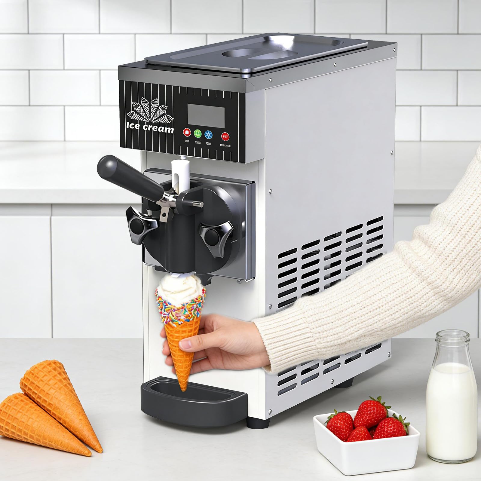 XUXIAO Soft Serve Ice Cream Machine Home, Countertop Soft Serve Ice Cream Maker, 4-5kg/H, LCD Touch Panel, Auto Clean, for Restaurants and Shops​ White
