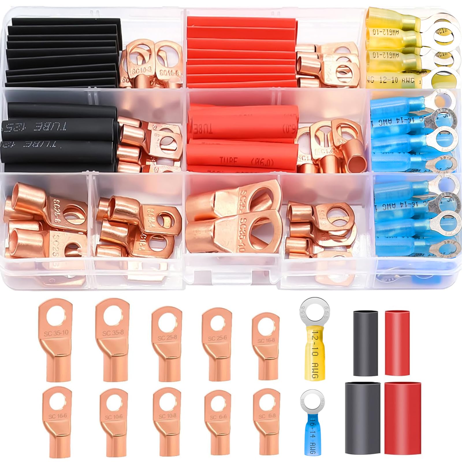Twidec/110PCS Battery Cable Ends AWG 2 4 6 8 10 12 14 16 Gauge Copper Cable Wire Lugs,Ring Terminals Connectors,Copper Ring Terminals with Heat Shrink N-067-110PCS