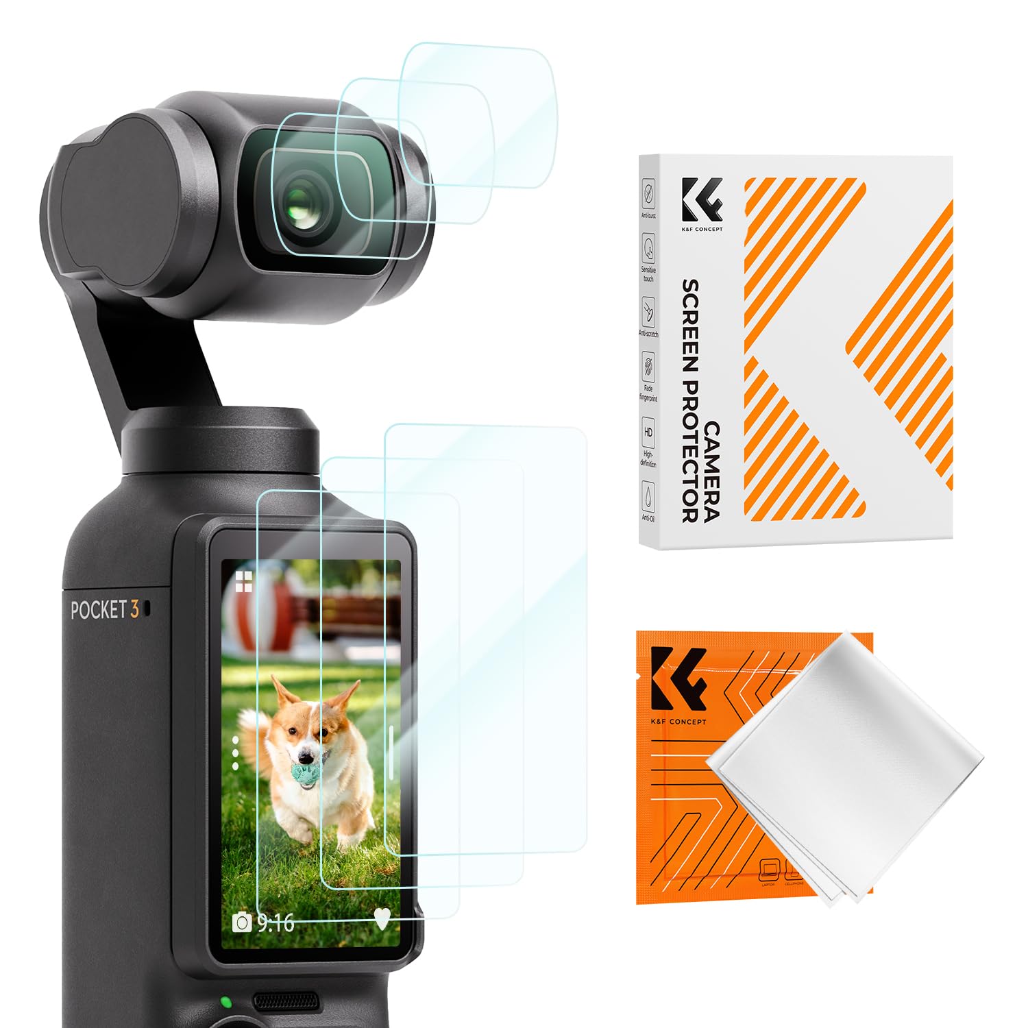K&F CONCEPT Schutzfolie Displayschutz und Lensschutzfolie Kompatibel mit Pocket 3/4, 9H-Härte kratzfest Glas blasenfrei- 3 Stück
