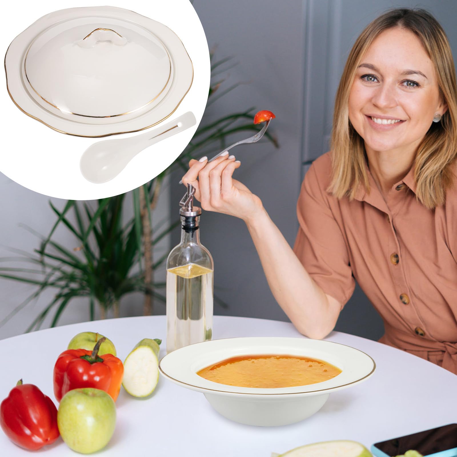 Angoily Keramik Dampfschüssel mit Deckel, Weiß, Hitzebeständig, Einzeln