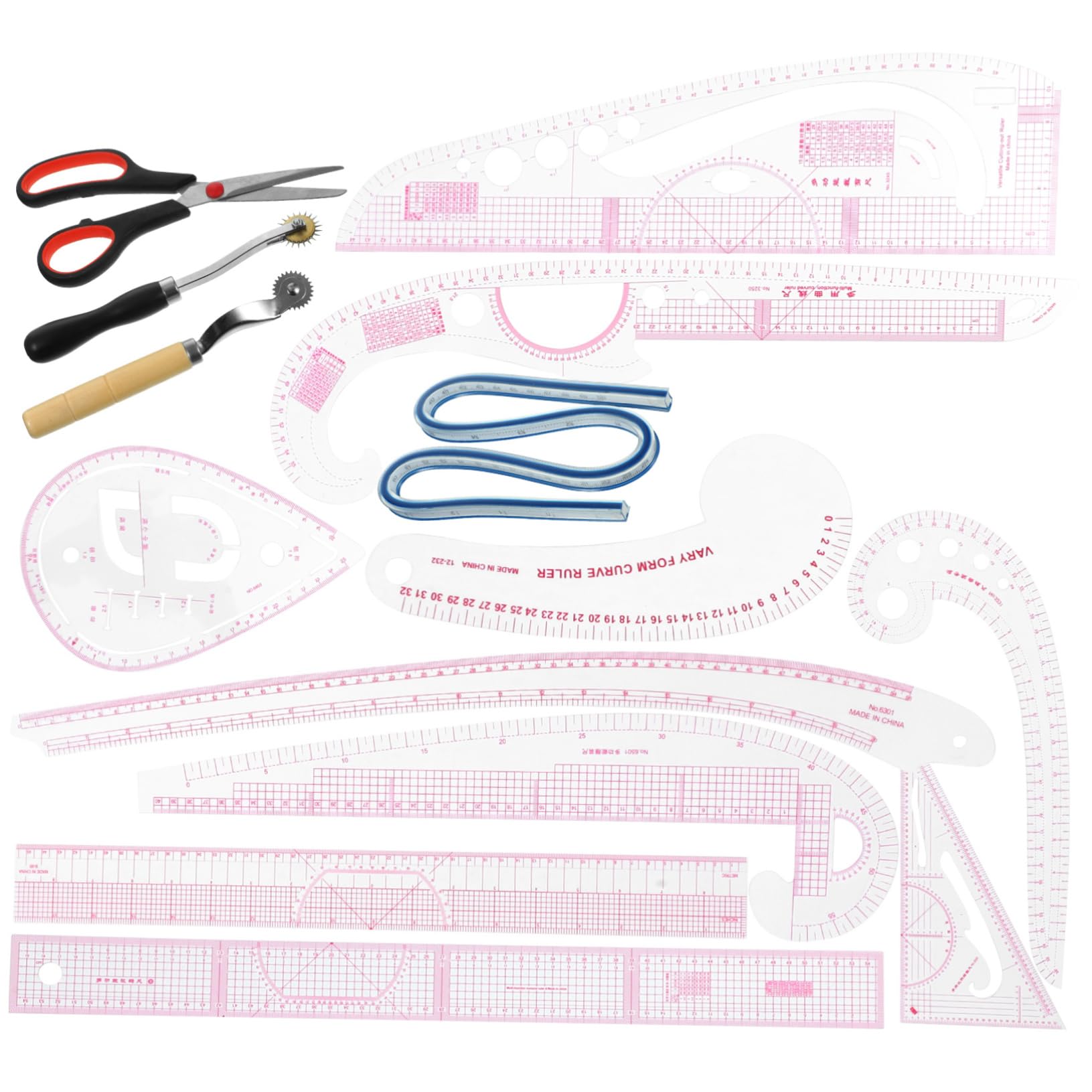 Kit de Règles de Couture 14 Pièces pour Débutants et Tailleurs | Règle Courbe pour Patron, Outils de Mesure et Découpe, Pvc Bois Acier Inoxydable