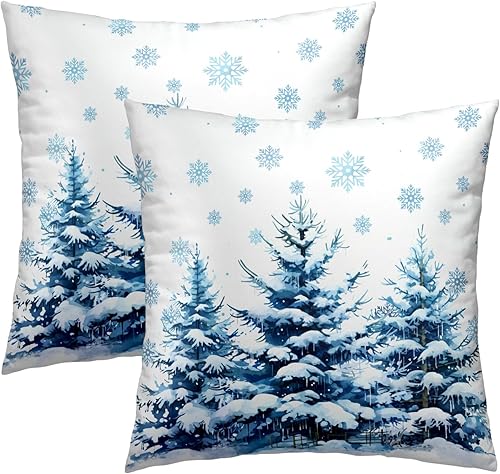 Juego de 2 fundas de almohada de bosque nevado con copos de nieve y pinos, cuadradas, fundas decorativas de algodón suave, color blanco, 18 x 18
