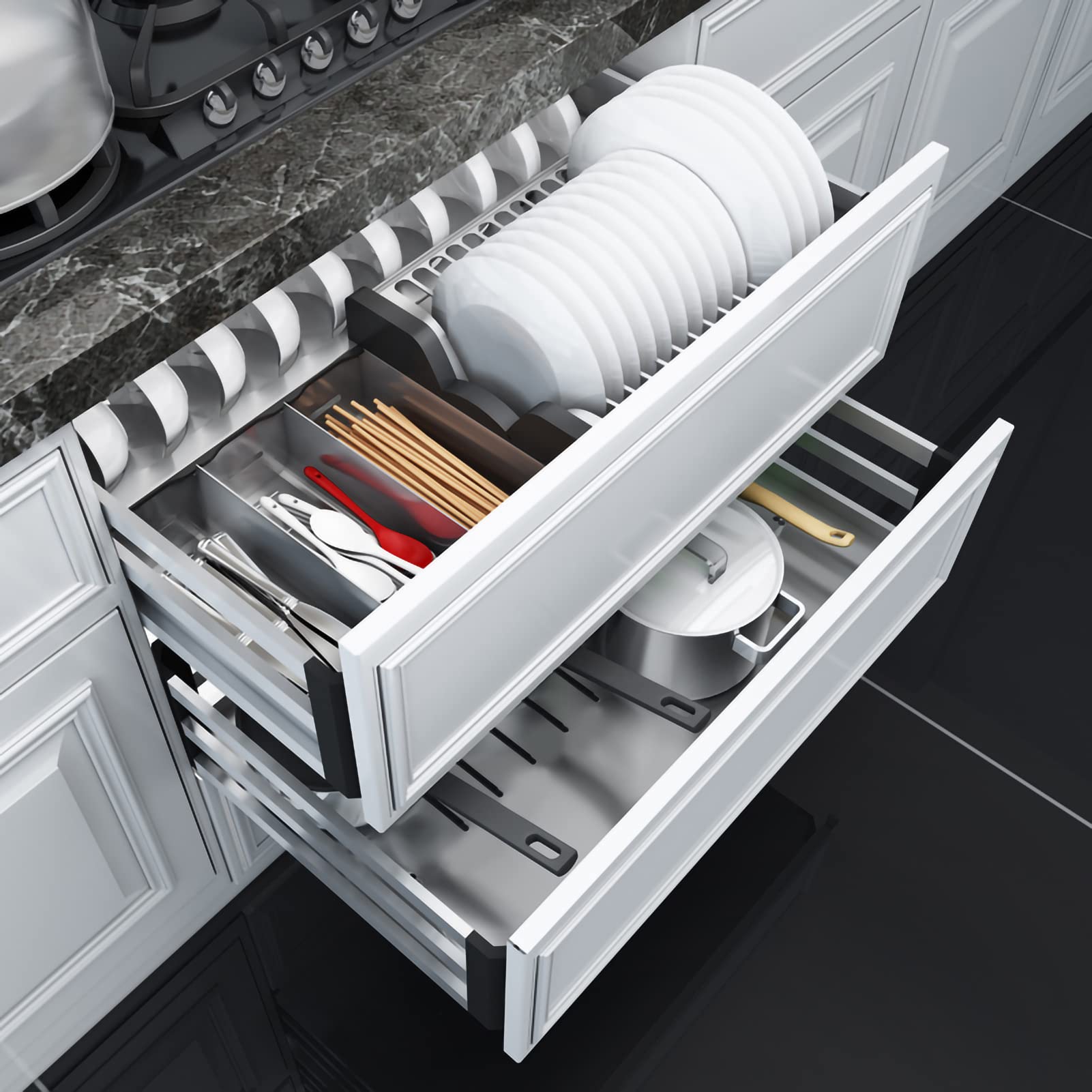 Organizzatore da cucina Organizzatore da Cucina Organizzatore Estraibile per Armadietto da Cucina Cestello in Filo di Acciaio Inossidabile 304 Heavy Duty Metallo Estraibile Cassetto Organizzatore per