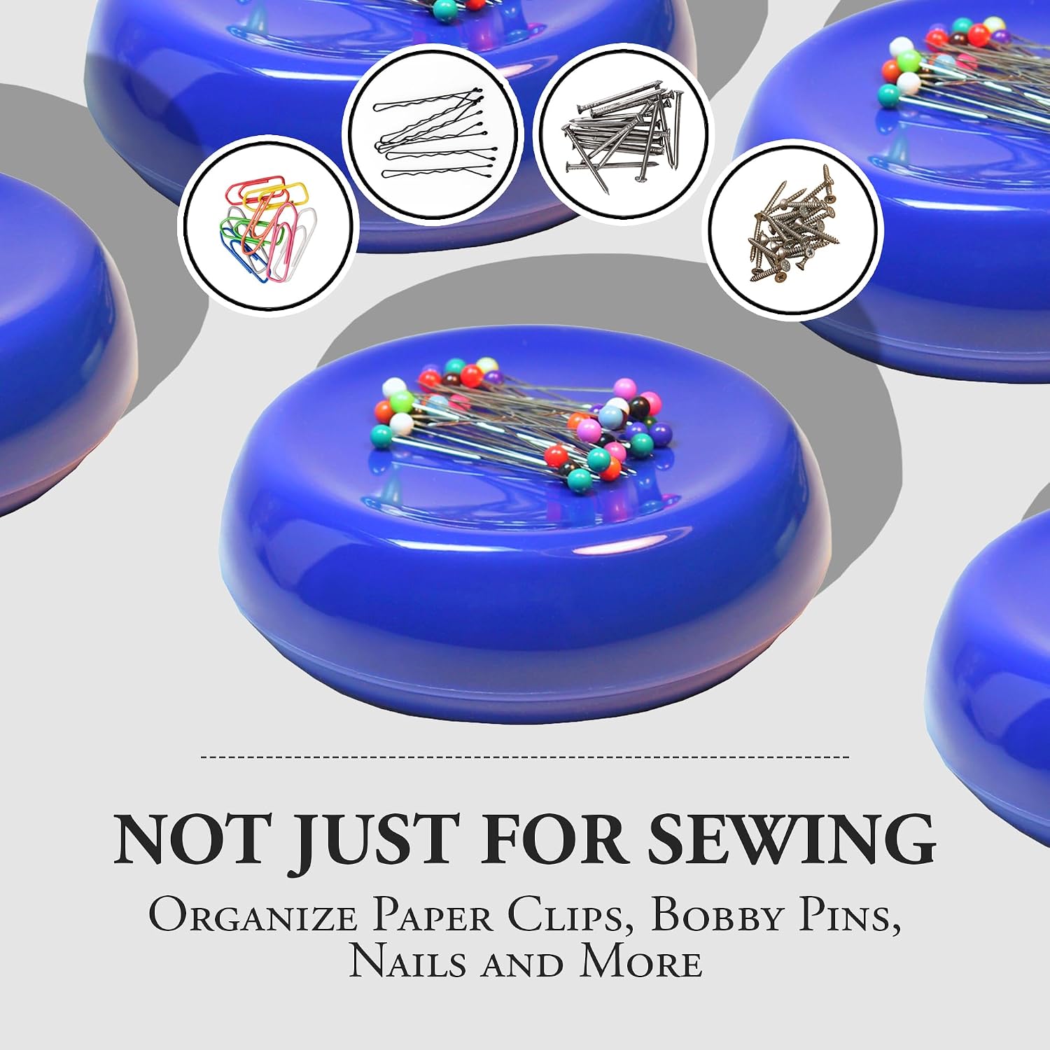 Grabbit Magnetic Sewing Pincushion with 50 Plastic Head Pins – Magnet Pin Organizer for Quilting, Embroidery, Needles, Bobby Pins, & Craft Storage, Blue