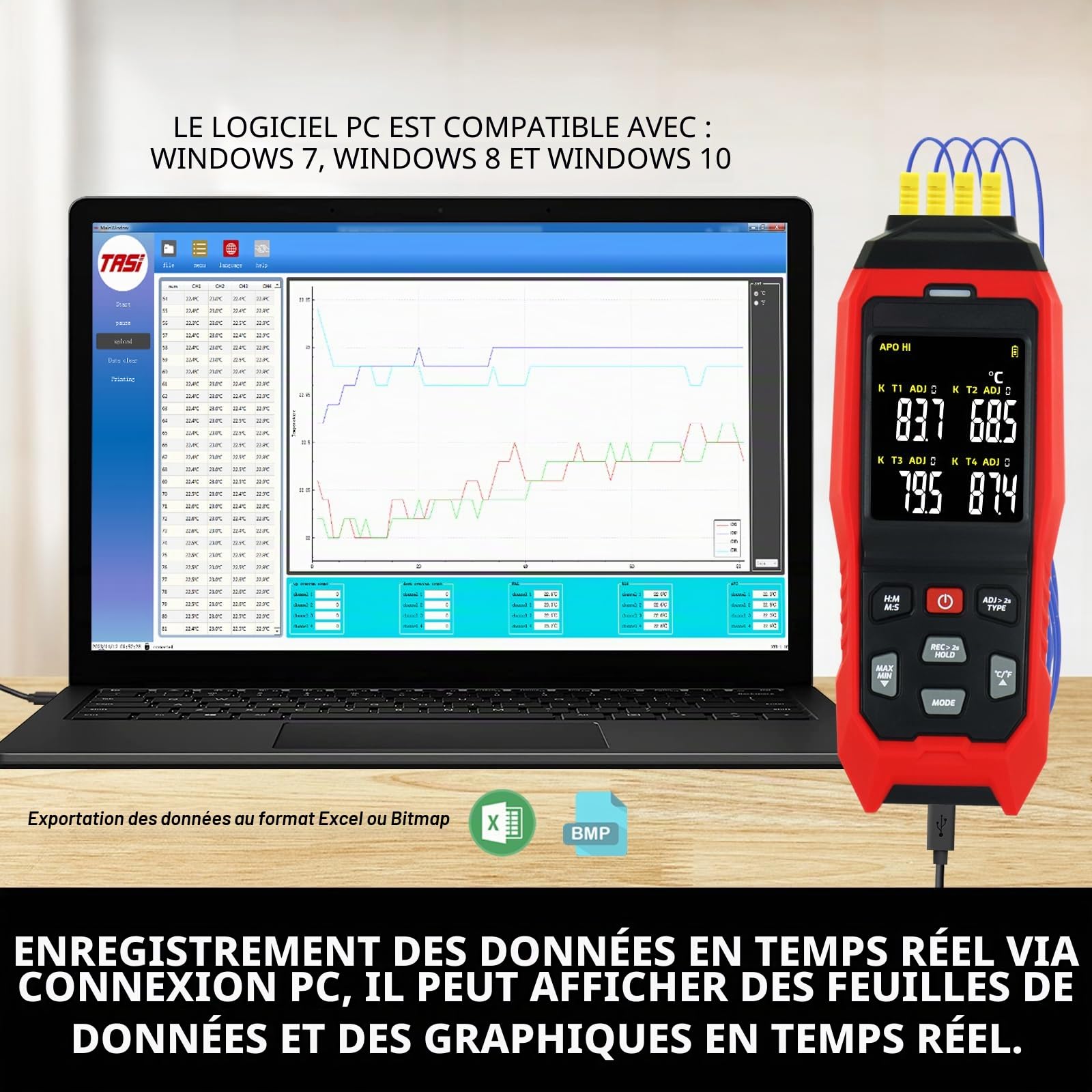 Thermomètre à thermocouple 4 canaux, enregistreur de données, thermomètre portable de type K avec enregistrement de température de 5000 groupes, mesure -328 ~ 1 371,7 °C, alarme sonore et visible