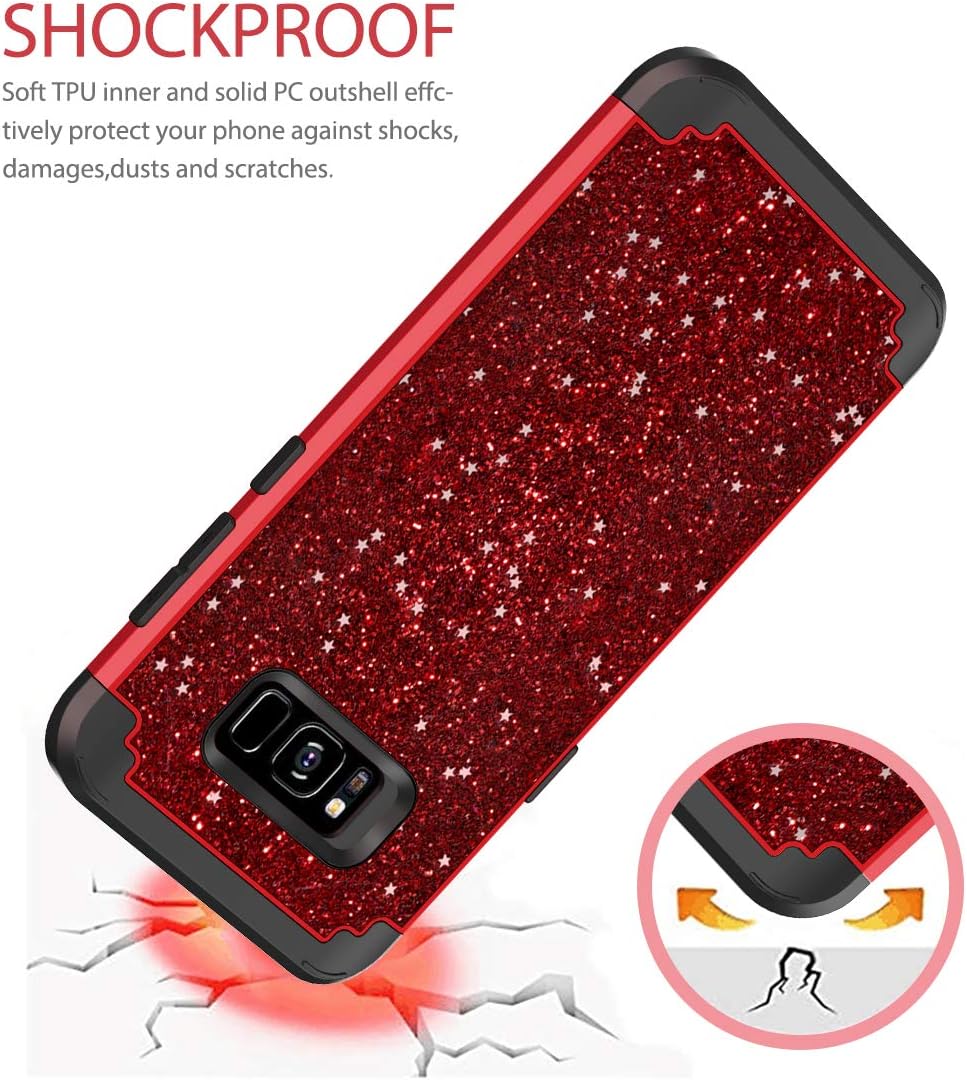 Hekodonk Compatible with Galaxy S8 Plus Case, Luxury Stars Sparkle Glitter Shiny Heavy Duty Shockproof Full-Body Protective High Impact Hybrid Cover for Samsung Galaxy S8 Plus Bling Red