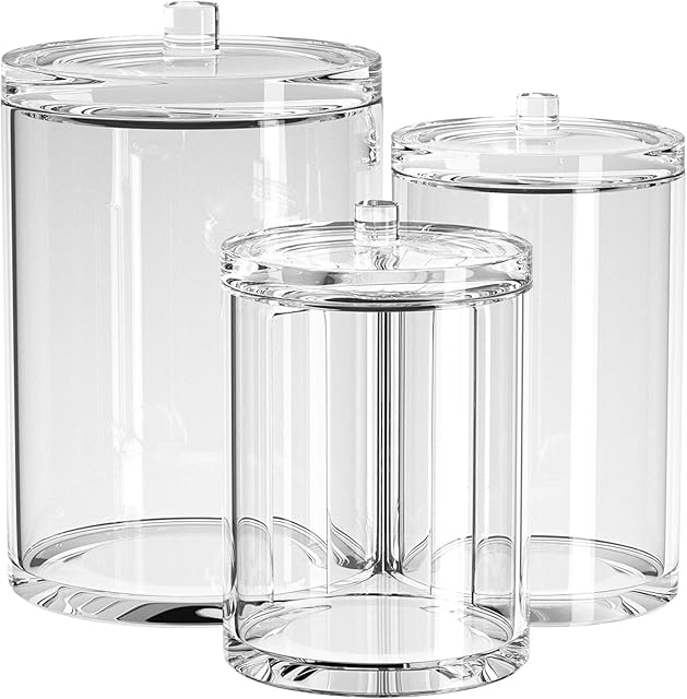 Bathroom Organiser Jar, 3 Sections Acrylic Makeup Brush Holder with Lids, Cotton Pad Holder for Cotton Balls, Cotton Swabs, Q-tips, Comestic Organizing (3 in 1 Round Shape)