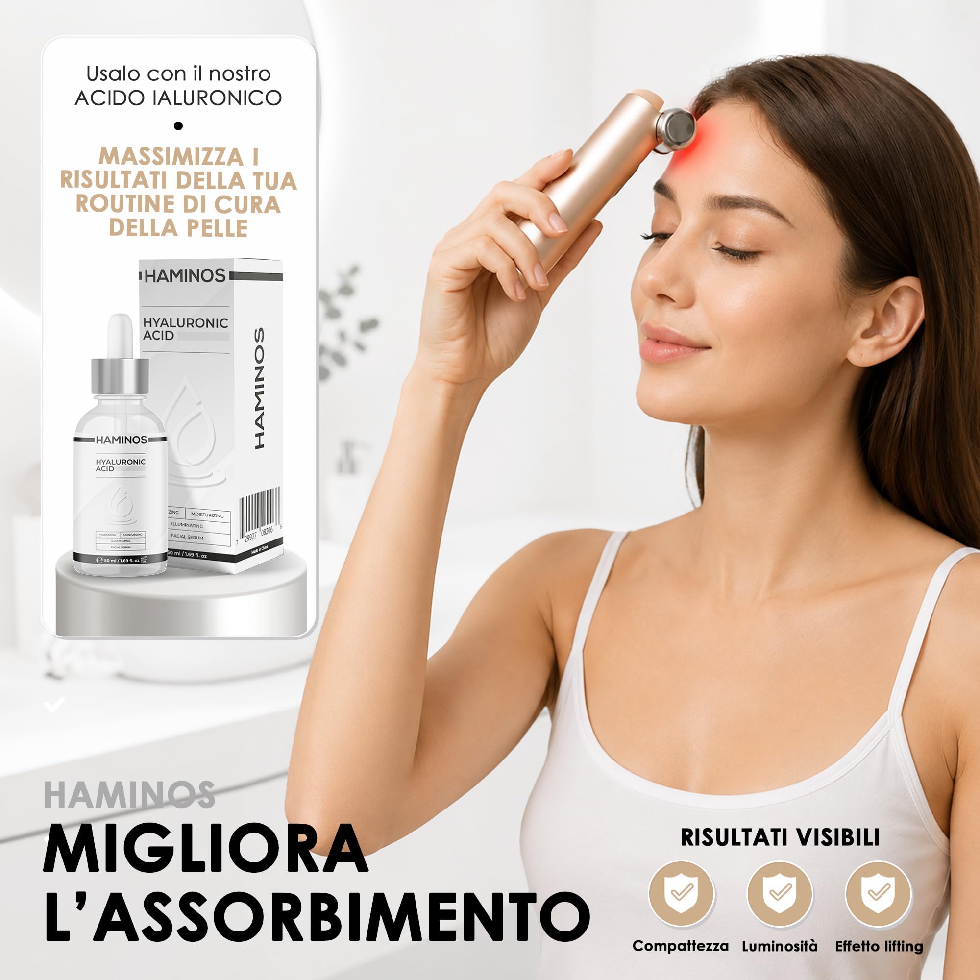 HAMINOS Dispositivo Viso con Microcorrente EMS e Infusione di Siero, Massaggiatore Viso con Luce Rossa, Blu e Viola, 3 Intensità, Beauty Tool Ricaricabile USB-C