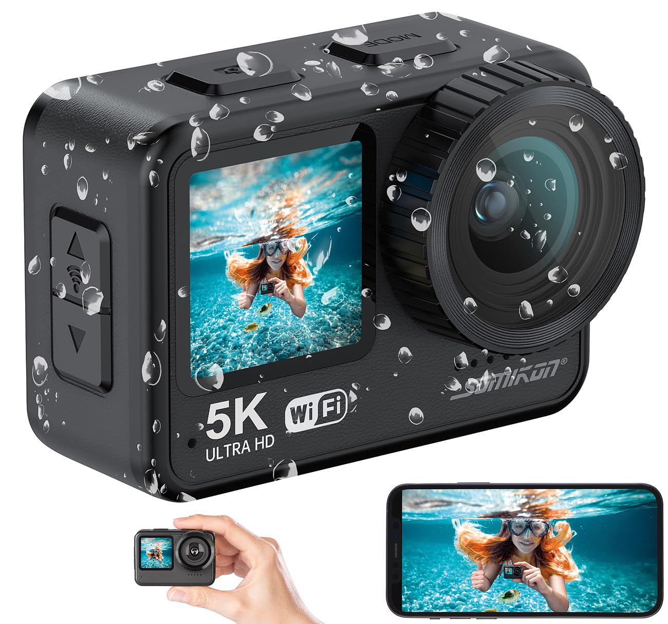 Somikon Unterwasserkamera: Mini-Actioncam mit 5K-Auflösung, wasserdicht bis 21 m, 2 Displays, EIS (Mini Unterwasserkamera, Action Cam, Kfz)