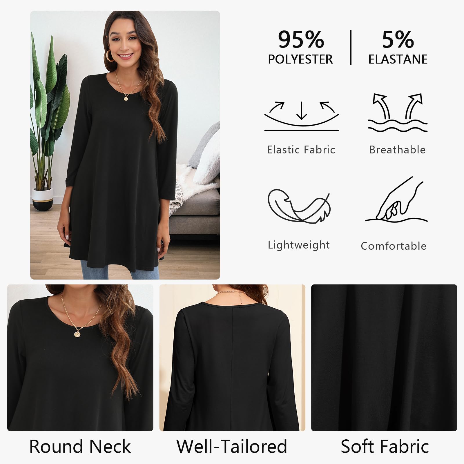 Enmain Damska tunika na co dzień topy z długim rękawem damska długa tunika bluzka koszule okrągły dekolt plus size tuniki sukienka pływająca koszulka dla kobiet, S-3XL