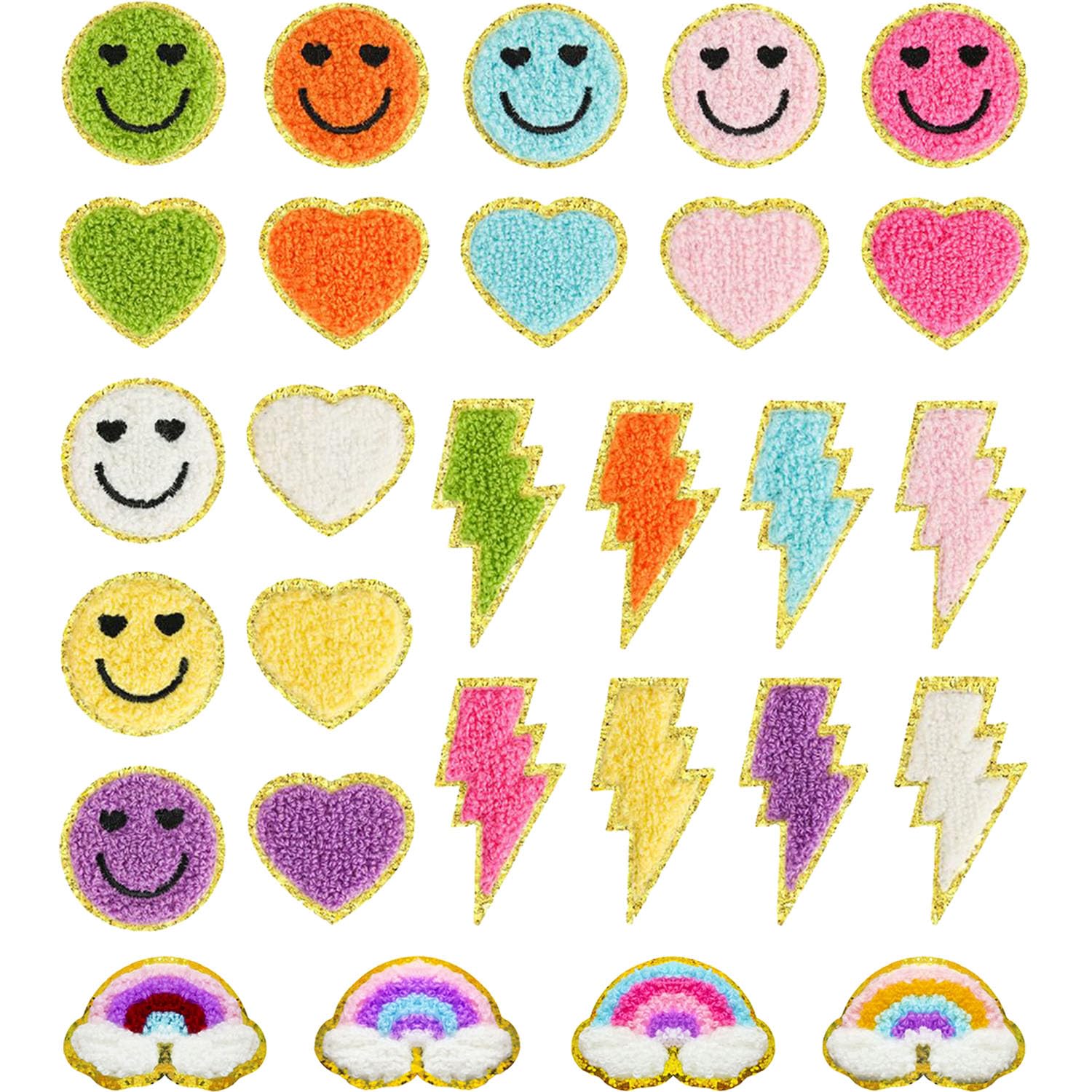 Decorative Chenille Patches, 28 Pieces, Face Hearts Lightning Rainbow Design, Self-Adhesive Glitter Appliques for DIY Crafts — image 1