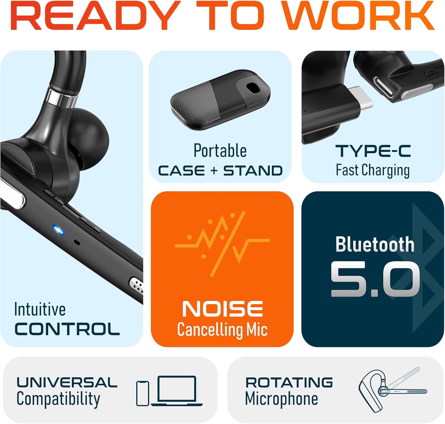 Ultralight Bluetooth Headset with Noise Cancelling Microphone, Bluetooth Earpiece with Carrying Case, Wireless Headset for PC/Laptop, Compatible with MS Teams, Zoom, Google Meet, and More - Black