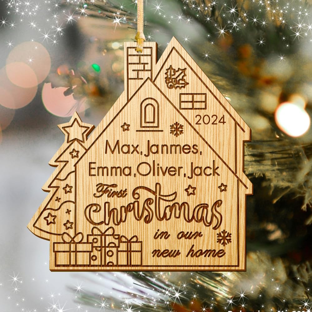 Personalised Merry Christmas Tree Bauble First Xmas Decoration for New Home Engraved Names of Family member Wooden Christmas Tree Ornament for Family Hand Finished in UK(House)