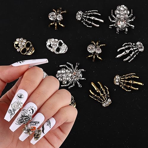 Dijes para uñas de Halloween, diseño de calavera terrorista, gemas de uñas de esqueleto de aleación de lujo 3D, joyería de uñas de araña plateada y