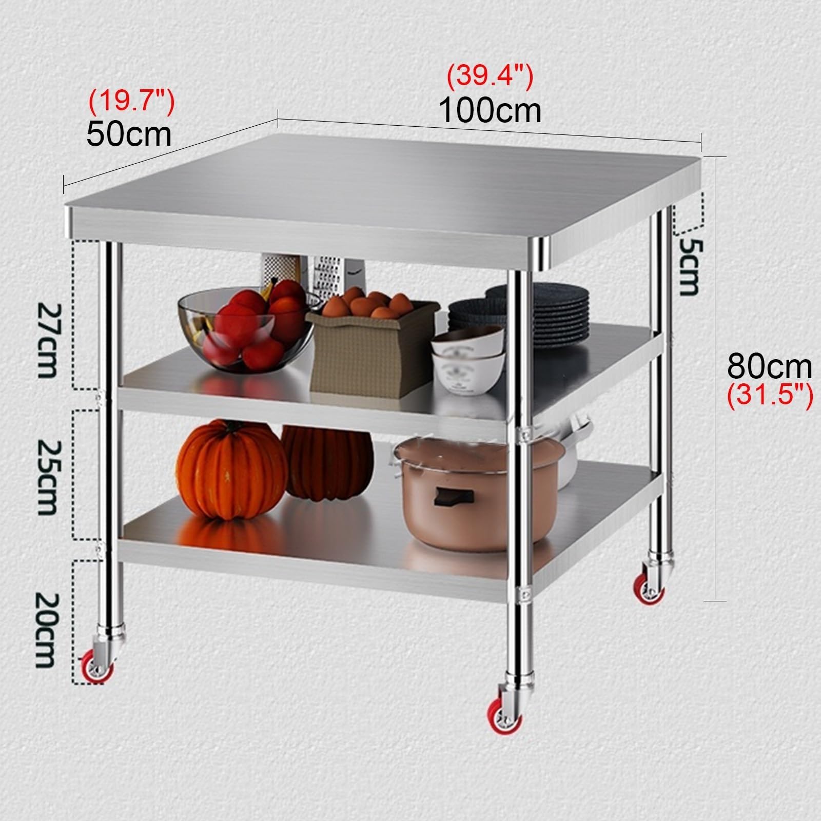 Tavolo Da Lavoro In Acciaio Inossidabile A 3 Ripiani Su Ruote, Tavolo Da Preparazione Commerciale, Tavolo Da Catering For Impieghi Gravosi Con Ripiani Aperti For Cucina, Casa E Ristorante(100x80x50cm)