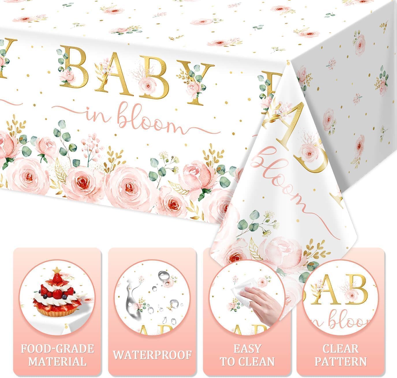 Baby in Bloom Disposable Plastic Tablecloth 3pcs Pink Watercolor Floral Baby Shower Table Cover Spring Party Supples and Decorations for Baby Girls