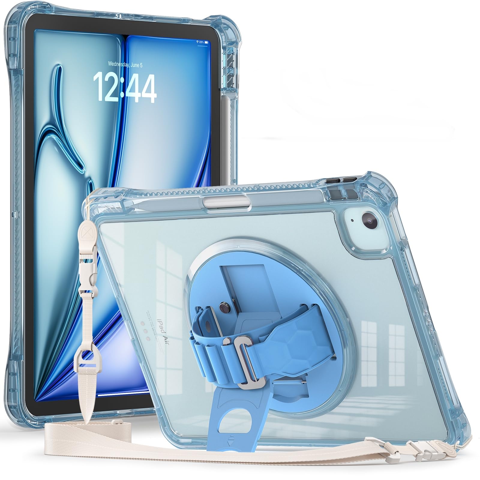 Case for iPad Air 11 2025/2024 M3/M2/Air 5th/4th Gen 10.9/Pro 11 4th/3rd Gen with Pencil Holder, Rugged Transparent Back Case with Hand Grip 360 Roatating Kickstand and Shouder Strap, Light Blue-image-23