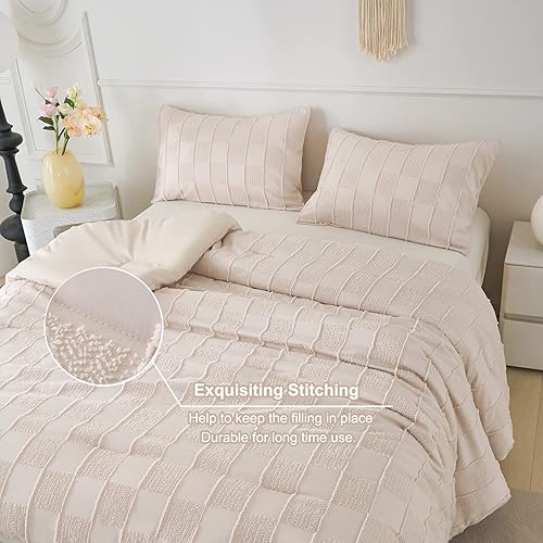 Miniatura 5 de PERFEMET Juego de edredón bohemio de 3 piezas de color beige claro, juego de ropa de cama de granja copetudo a cuadros, tamaño Queen, juego de ropa