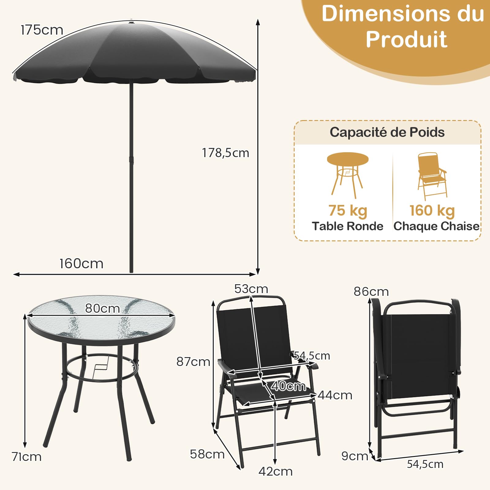 GOPLUS 6Pcs Salon de Jardin Exterieur 4 Personnes avec 4 Chaises Pliantes en Textilène, Table Basse en Verre Trempé et Parasol Jardin, pour Patio, Balcon et Terrasse (Table+Chaises+Parasol,Noir)