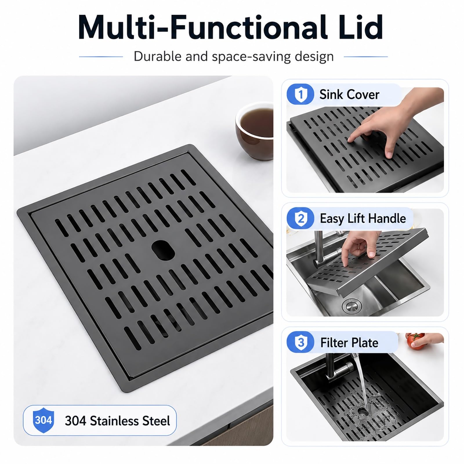 Fregadero para Furgoneta Camper con Grifo de Agua Fría y Caliente, Fregadero de Acero Inoxidable con Tapa, Lavabo para Caravana, Barco, Bar o Espacios Reducidos(Black)