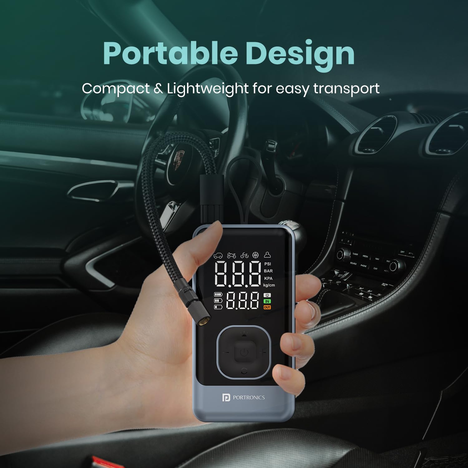 Portronics Vayu 8.0, Digital Rechargeable Tyre Inflator with In-Built Hanging Support, 2×2000mAh Batteries, Auto Shut Off, LED Light, SOS, Pressure Detection, Type-C Charging, for Car/Bike/Ball(Black) - Image 6 thumbnail