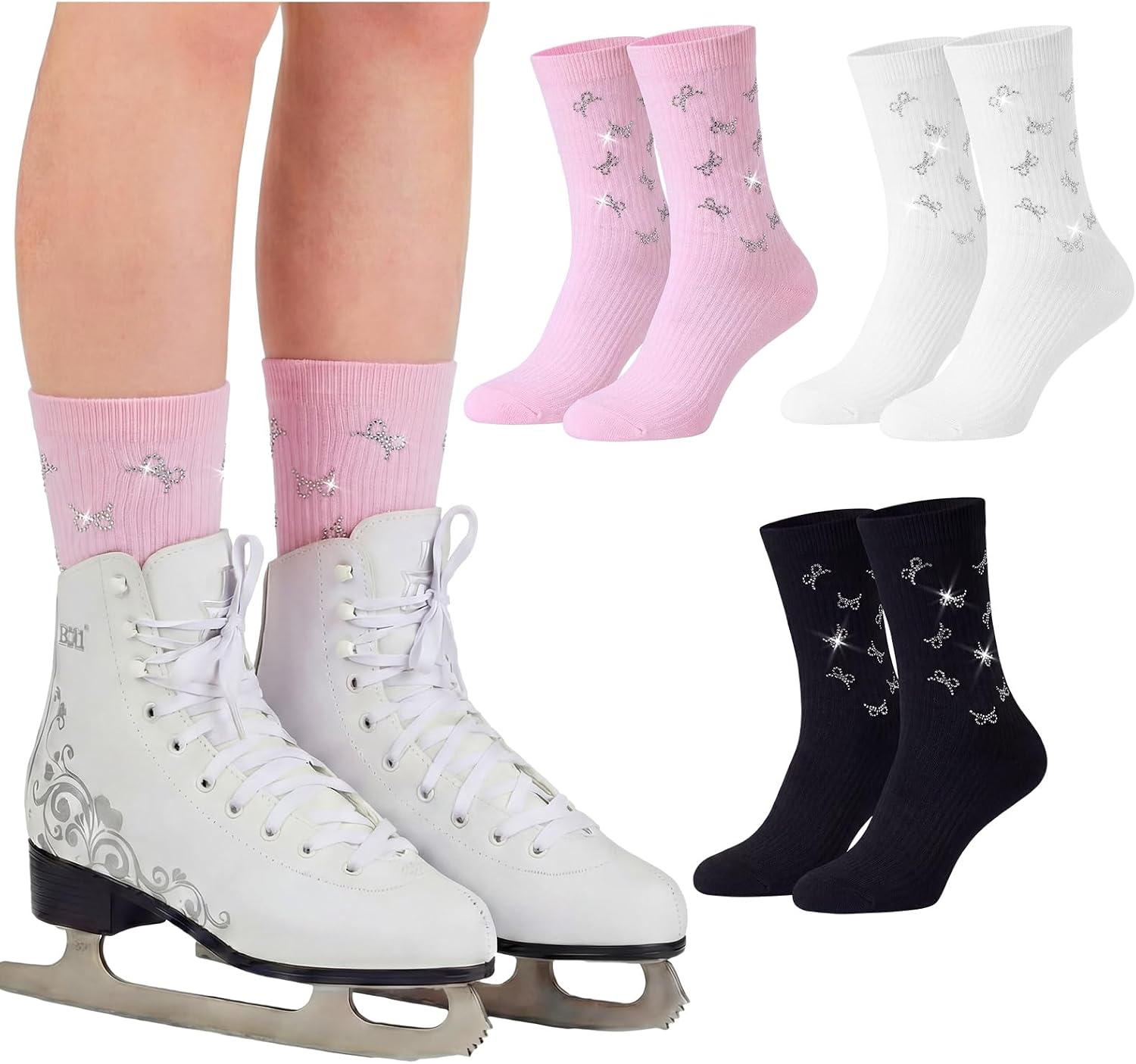 Glitopper 3 Pairs Glitter Rhinestone Figure Skating Socks Ice Skating Socks for Women Fashion Short Sock for Sports Dance
